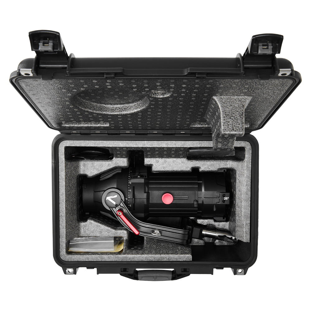 Aputure Spotlight Mount II 26° Kit shown in its hard case.