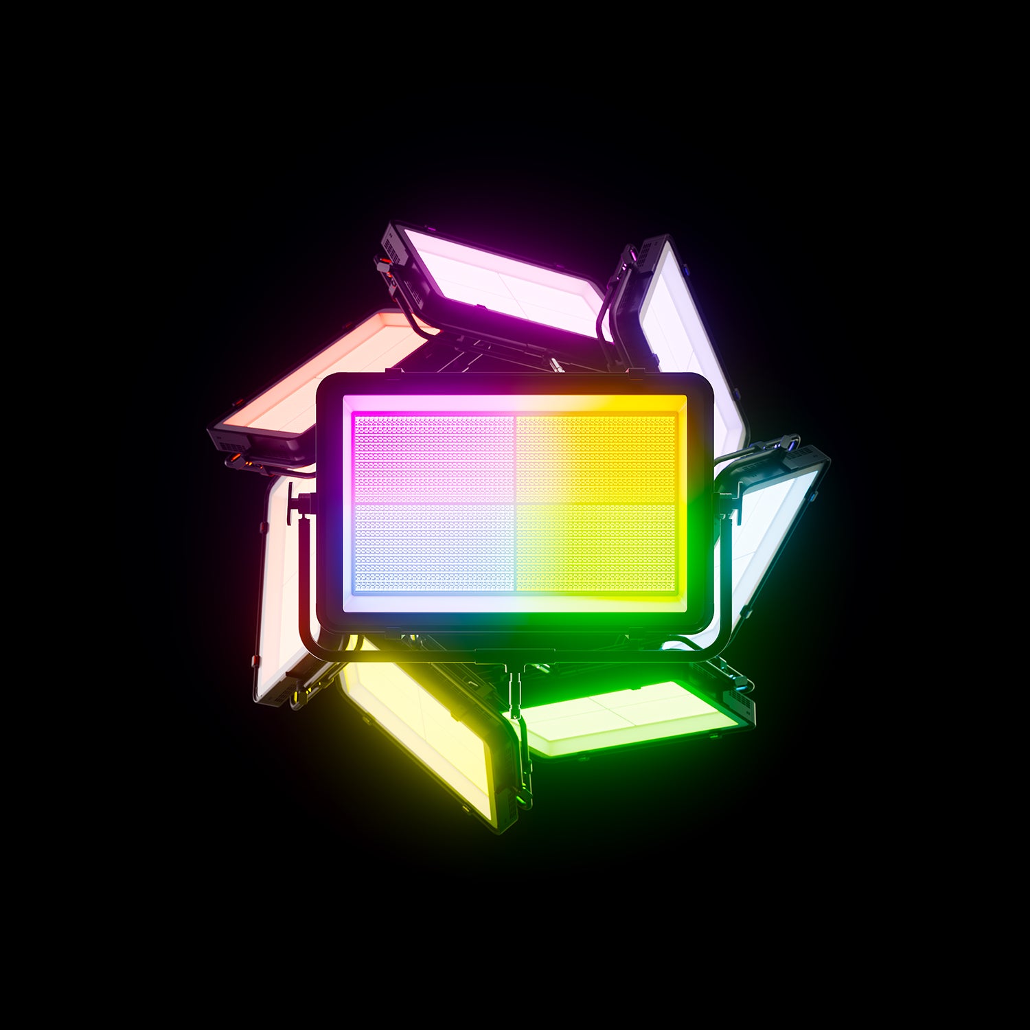 Eight Profoto 2x3 Pro Panel LED lights all set a differnt cvolours with a black background.