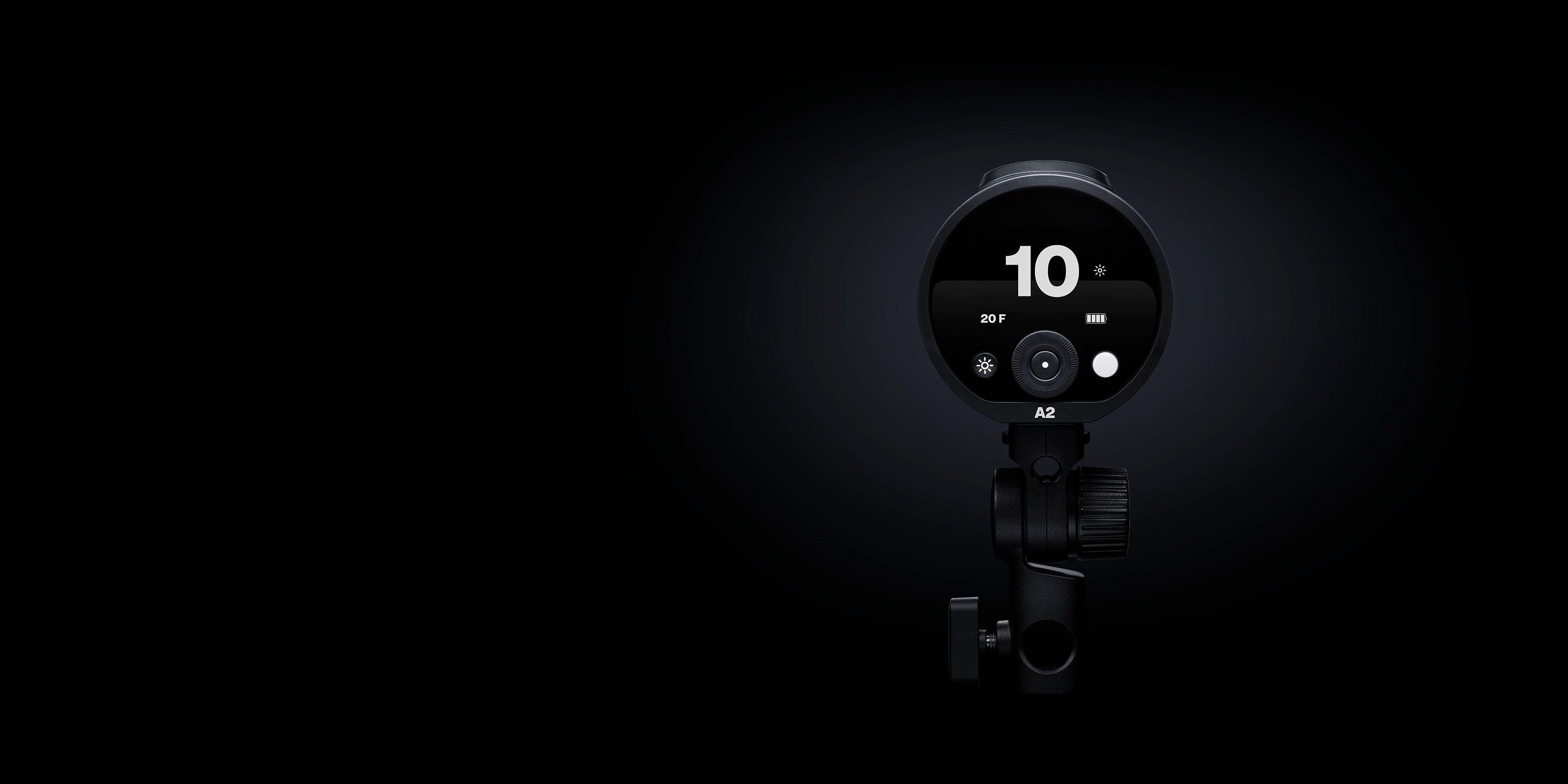 Rear image of the Profoto A2 battery powered portable light on a black background.