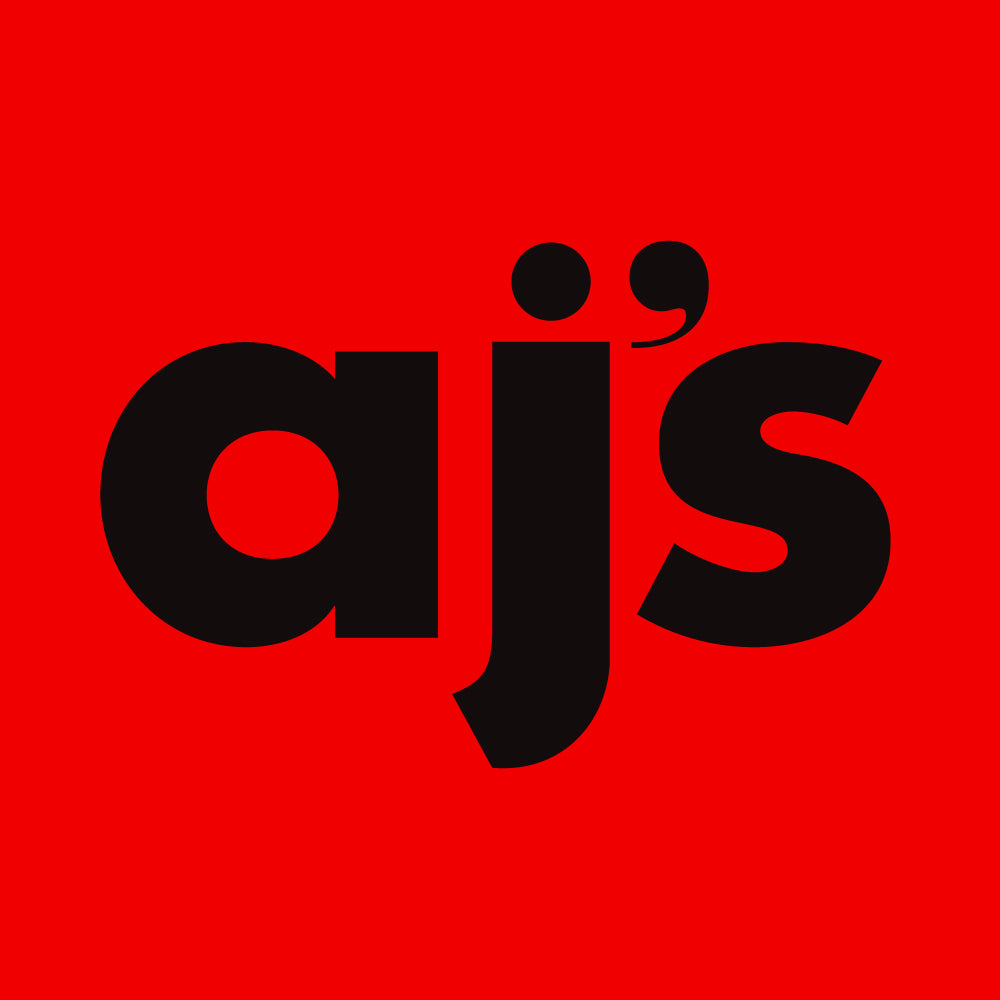 AJ's logo which is black A J ' s text on our red background.