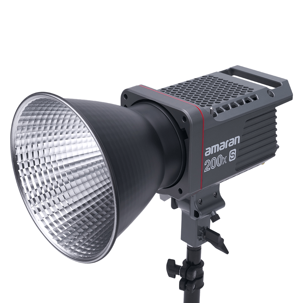 Arial view of Amaran 200x S CoB light with Bowens mount hyper reflector attached on a transparent background.
