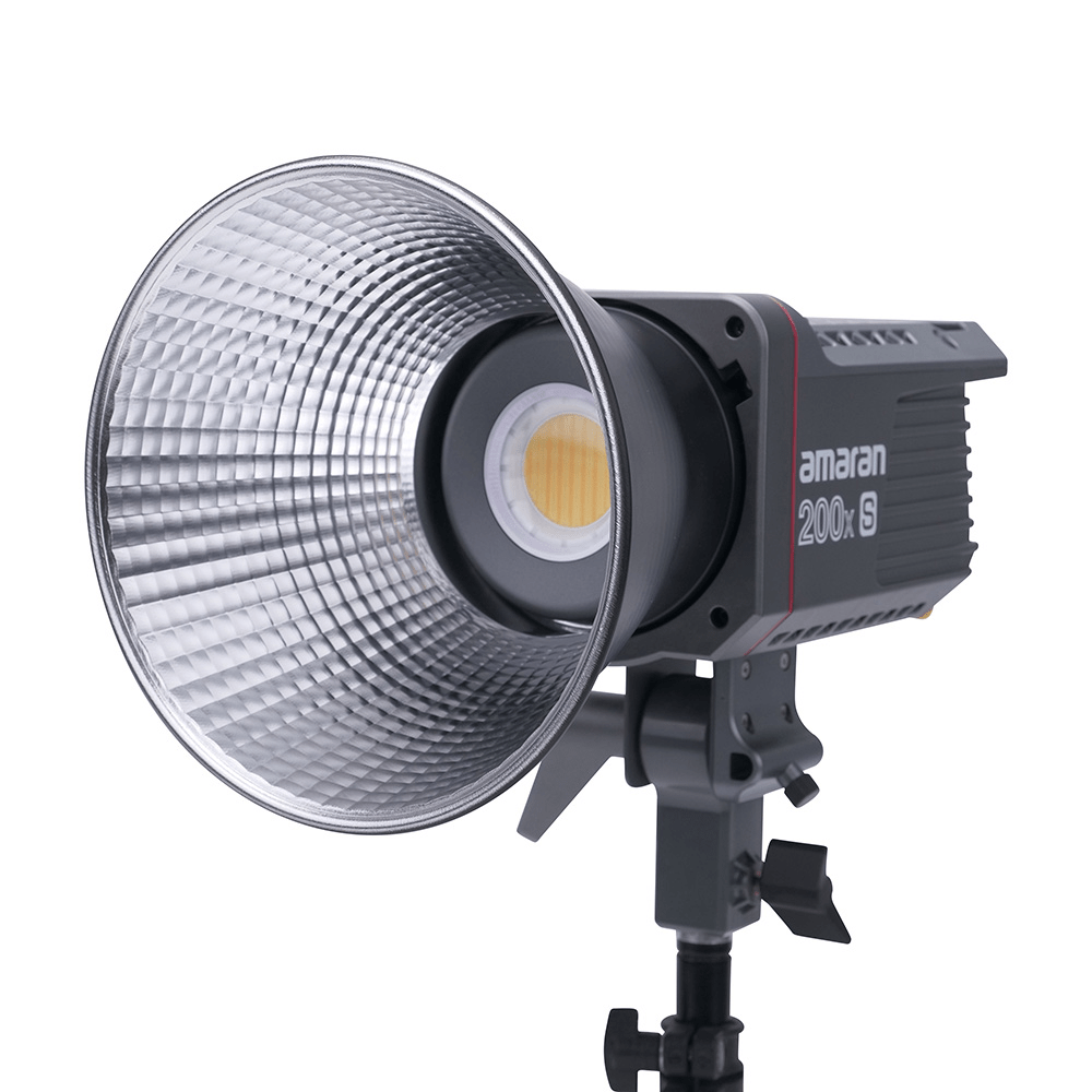 Front View of Amaran 200x S with a Bowens mount hyper reflector attached on a transparent background.
