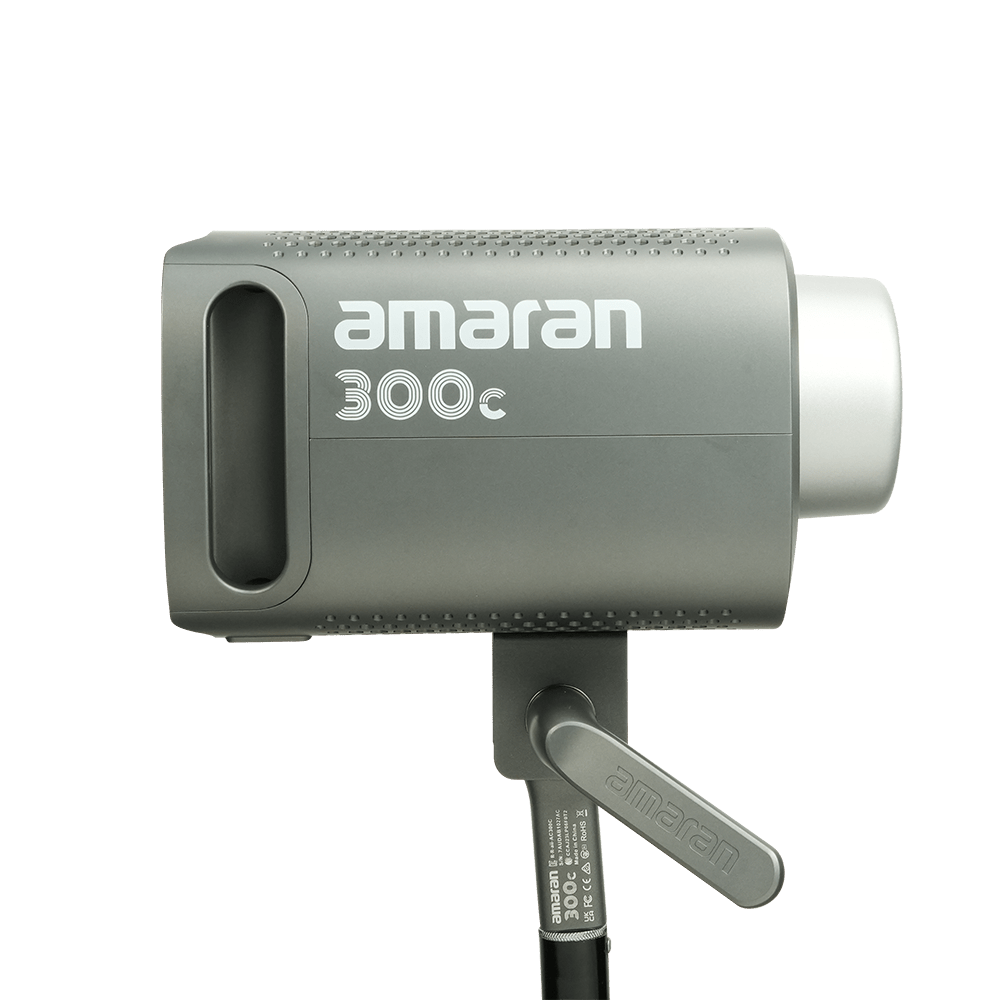 Side view of Amaran 300c LED CoB Light on a stand.