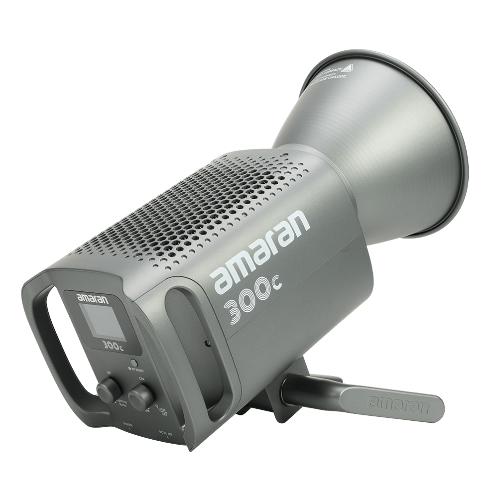 Upward view of Amaran 300c LED CoB Light with Bowens Hyper Mount Reflector on a transparent background.
