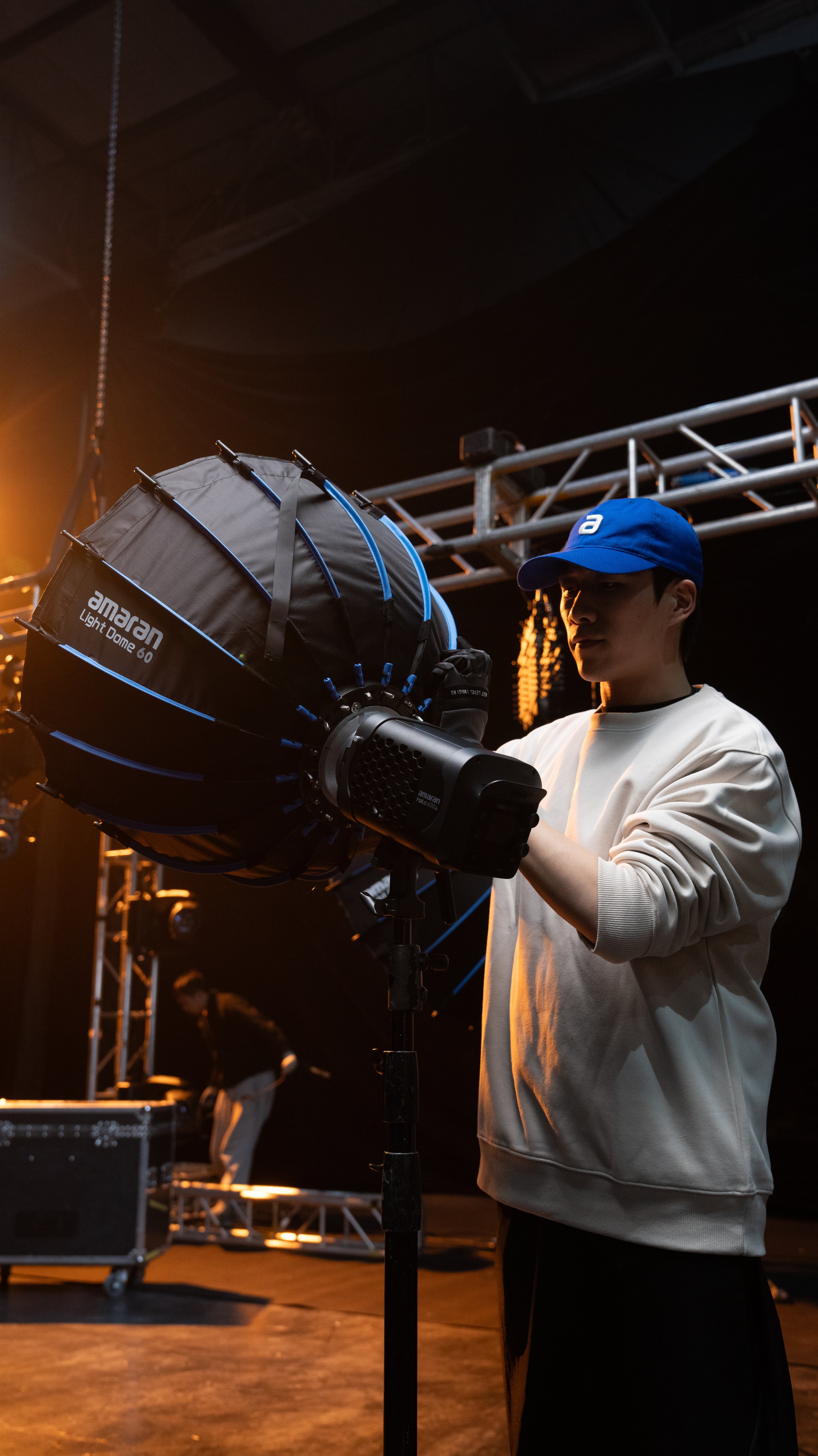 amaran Halo 600x being monitored in a studio by a lighting operator.