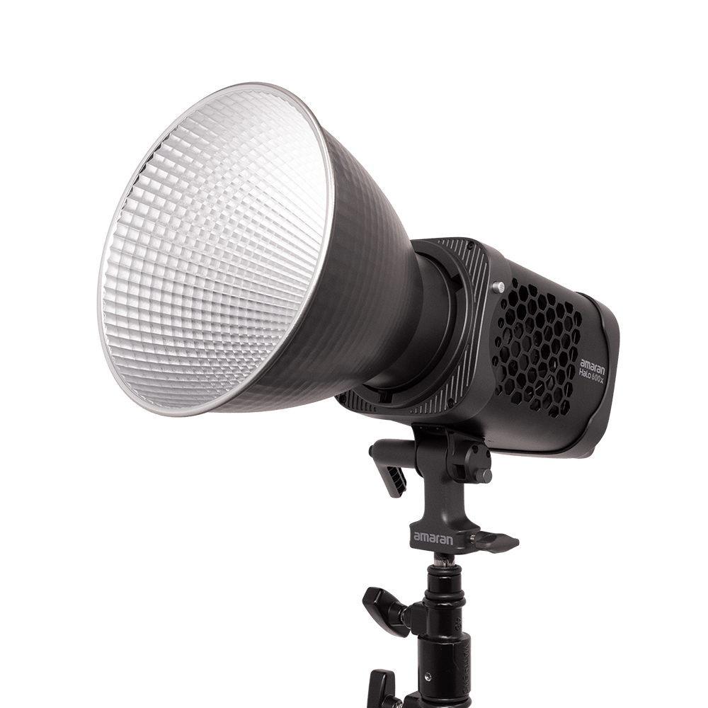 amaran Halo 600x shown tilted up with a reflector connected.