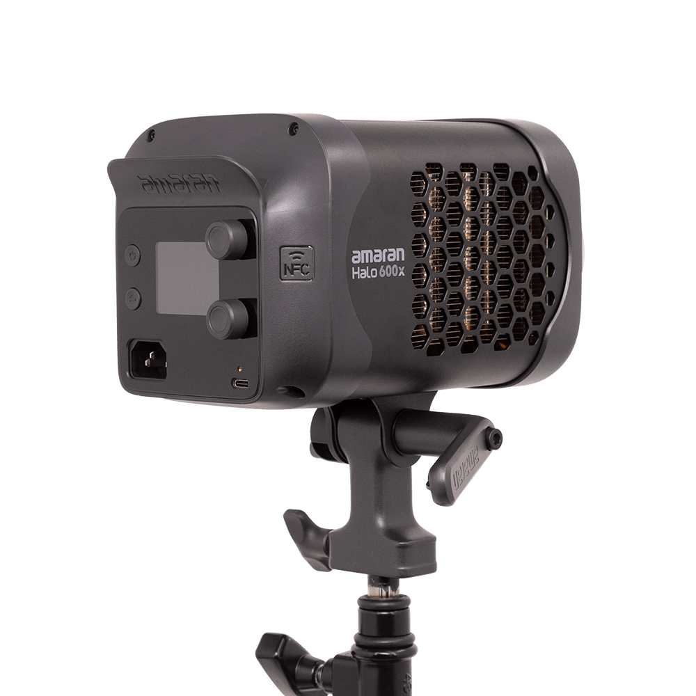 Rear 3/4 view of the amaran Halo 600x connected to a lighting stand.