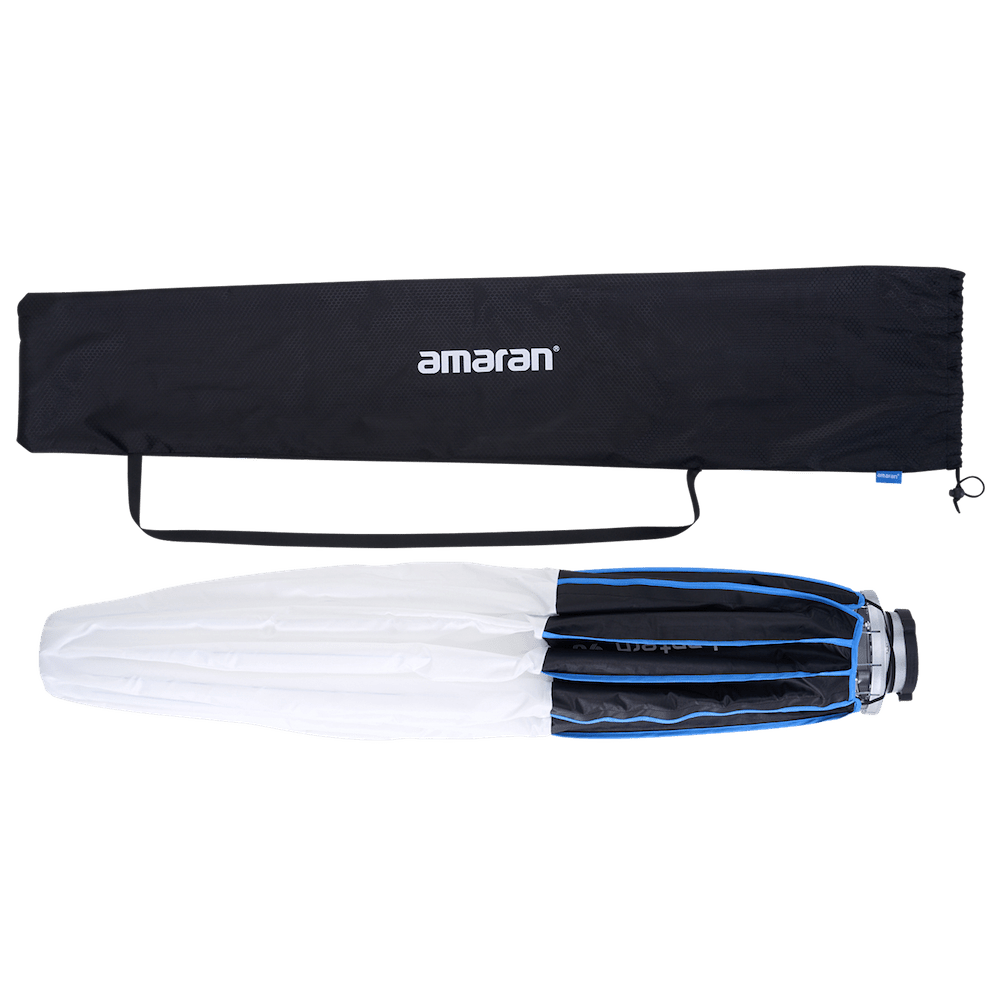 Collapsed version of the amaran Lantern 90 with the accompanying bag shown.