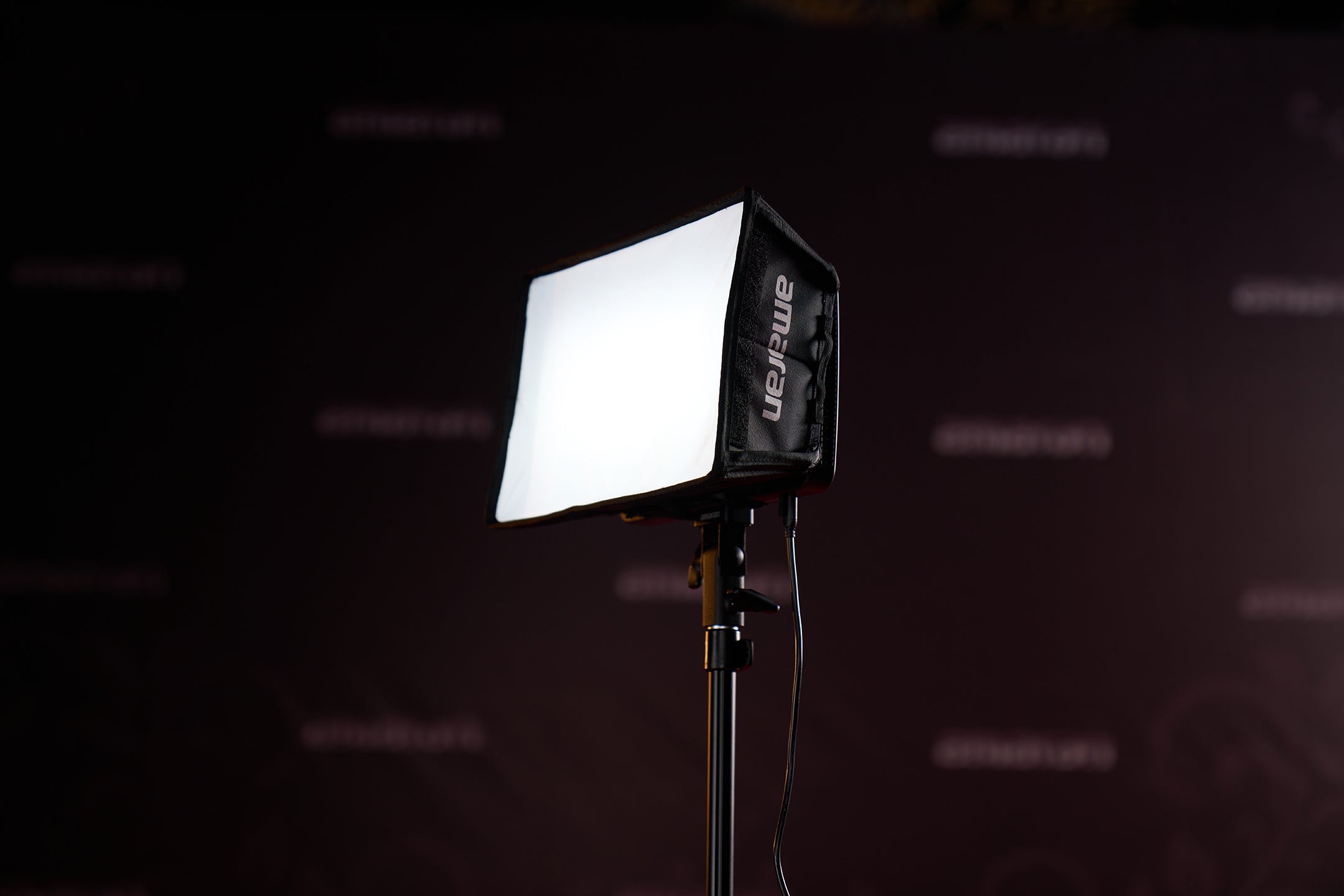 amaran Pano 60c and accompanying softbox on a light stand.