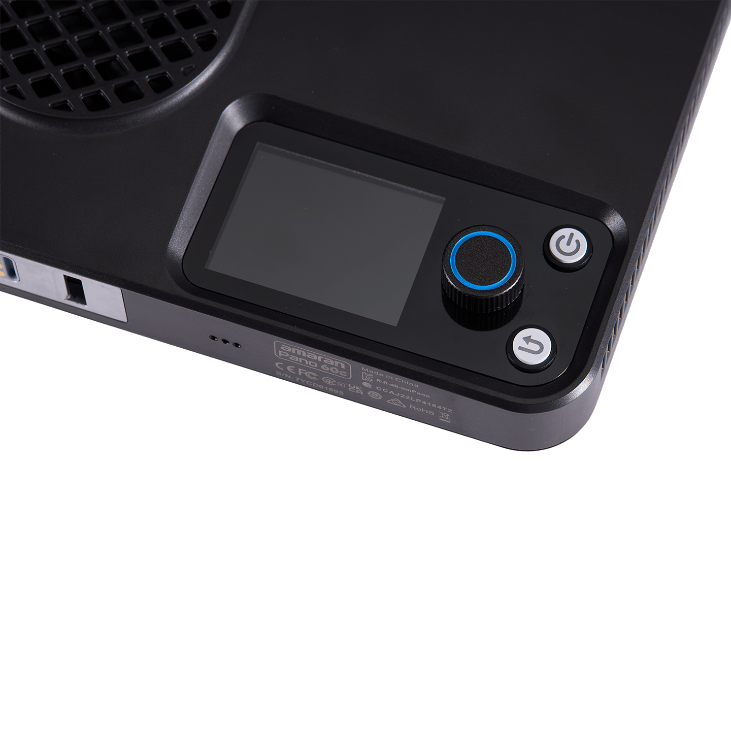 Detail image of the screen and button controls on the amaran Pano 60c.