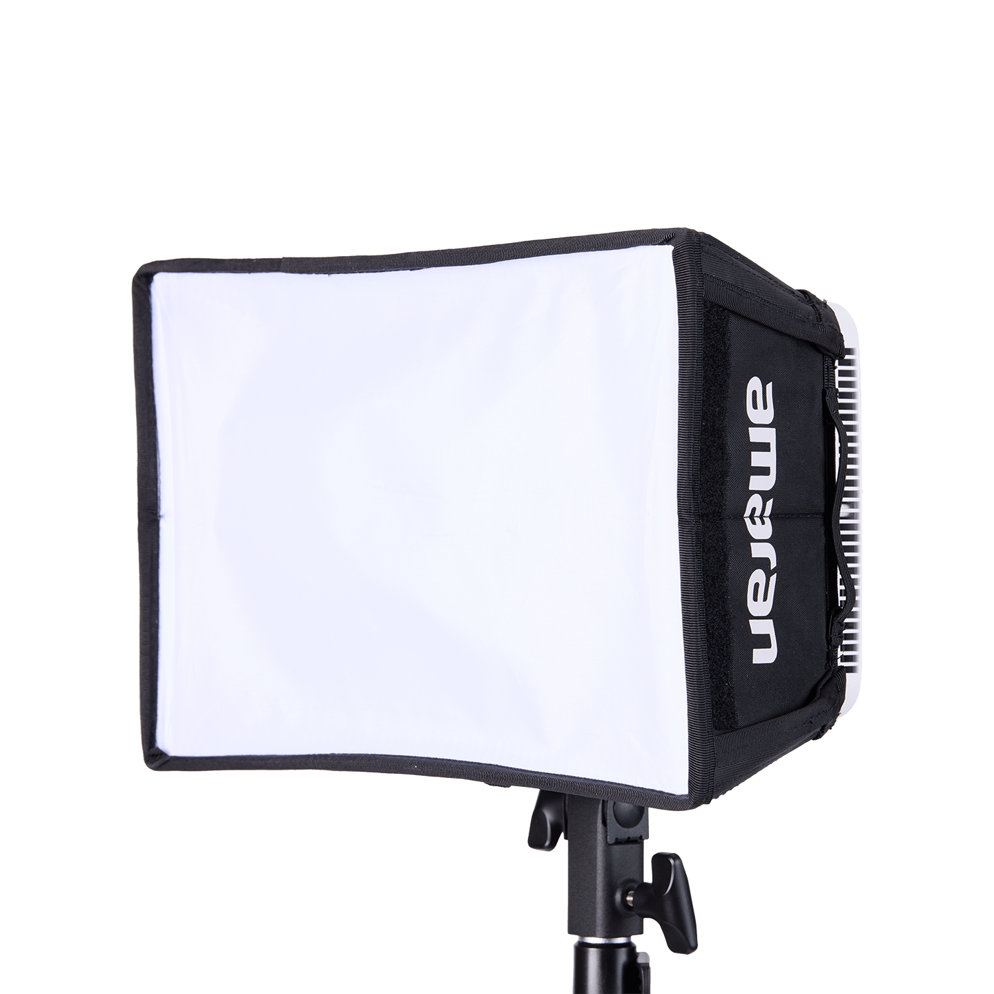 An amaran Pano 60c with a Softbox attached on a lighting stand.