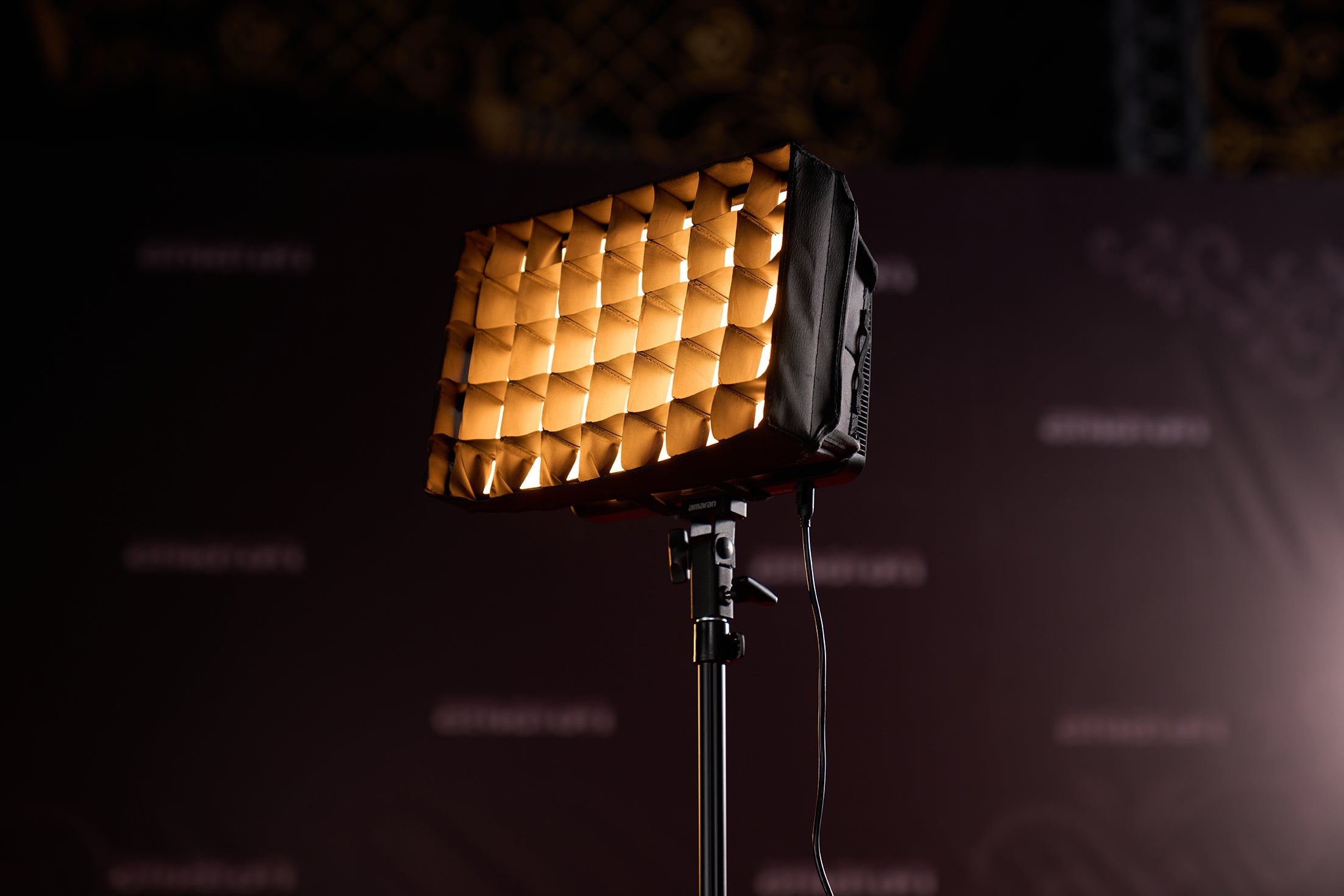 amaran Pano 60c shown with its softbox and light control grid on a photshoot.