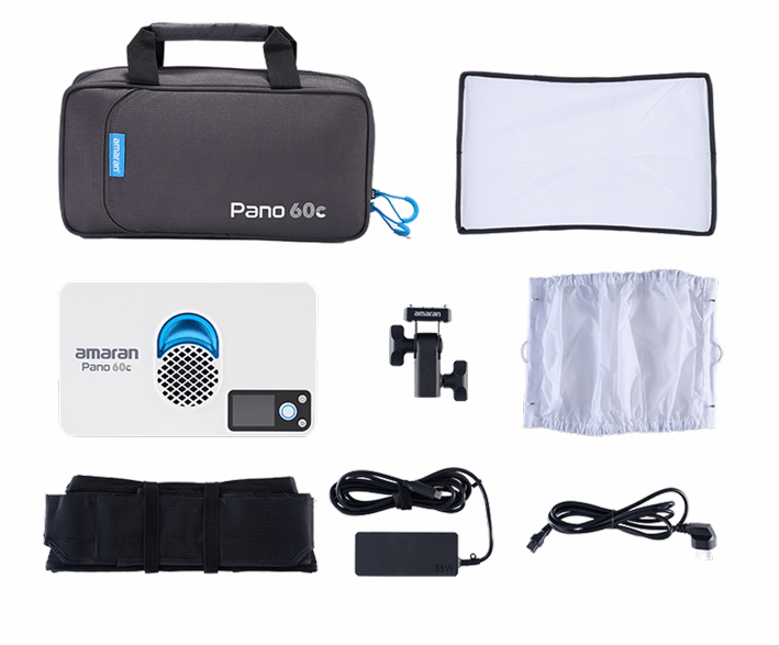 All components included in the amaran Pano 60c Kit (White) (UK).