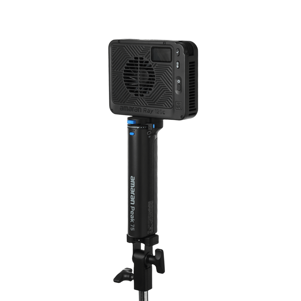 amaran Peak 75 Portable Battery Grip with amaran Ray Light attached.