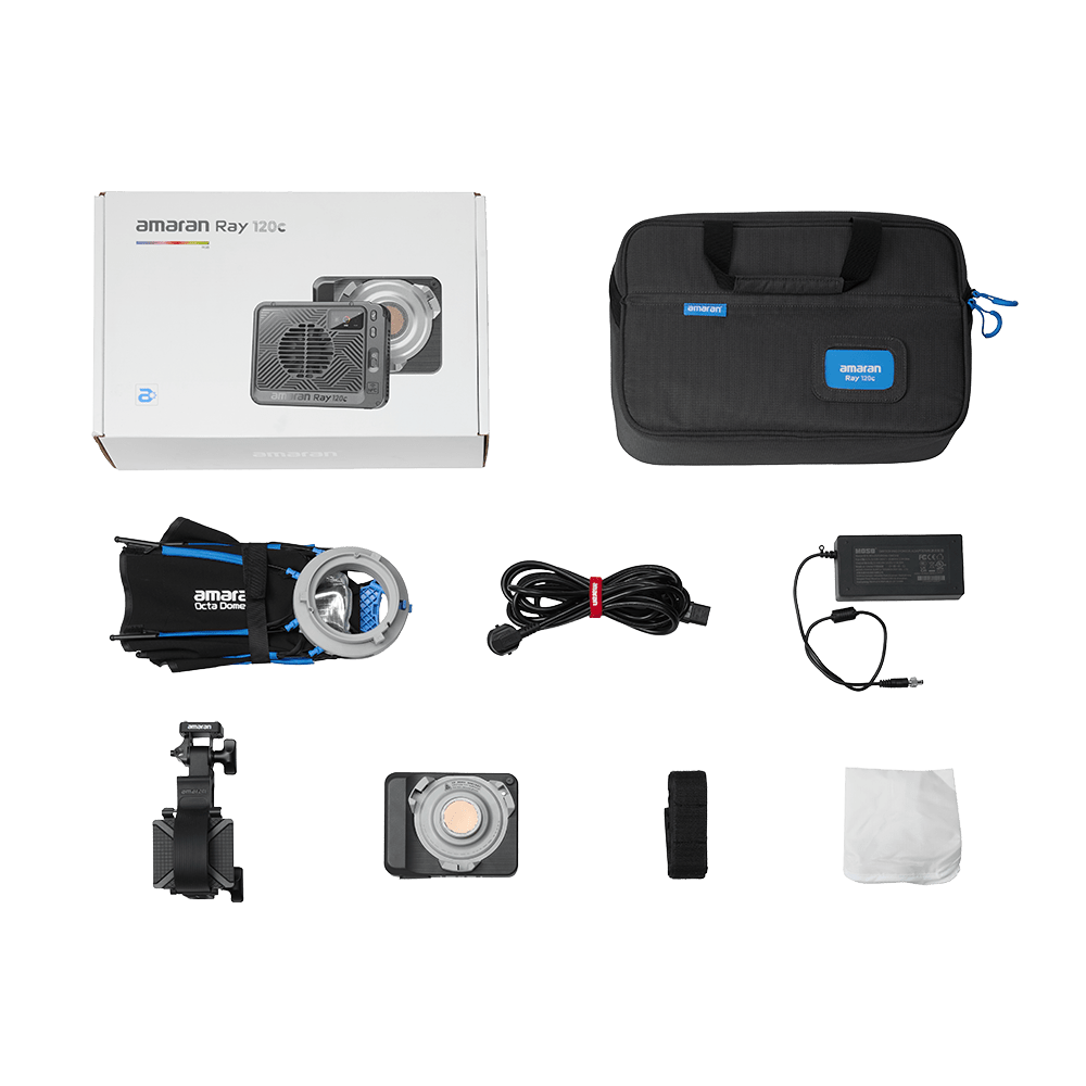 amaran Ray 120c LED Light shown with all components shown.