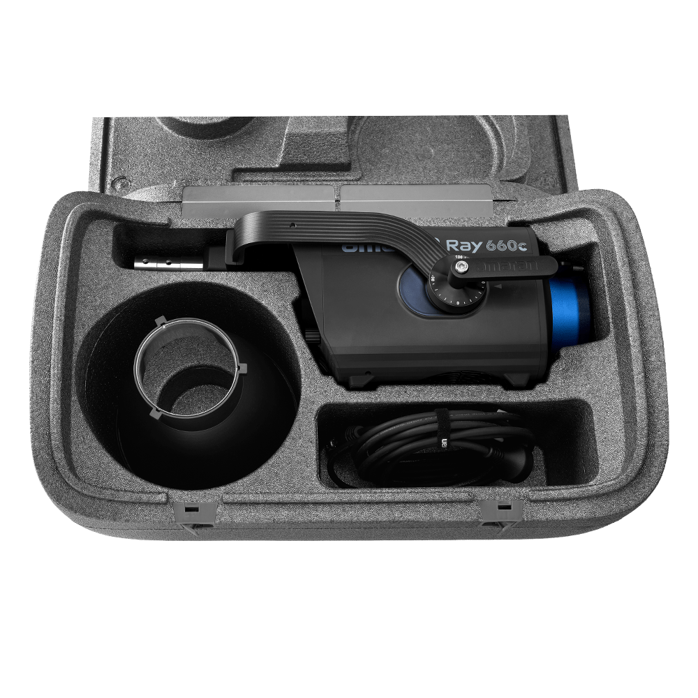 amaran Ray 660c LED Light shown in its accompanying storage case.