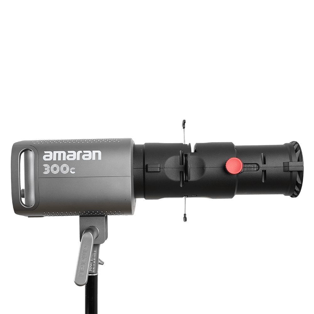 Side view of the amaran Spotlight SE (19° Lens Kit) with an amaran 300c.