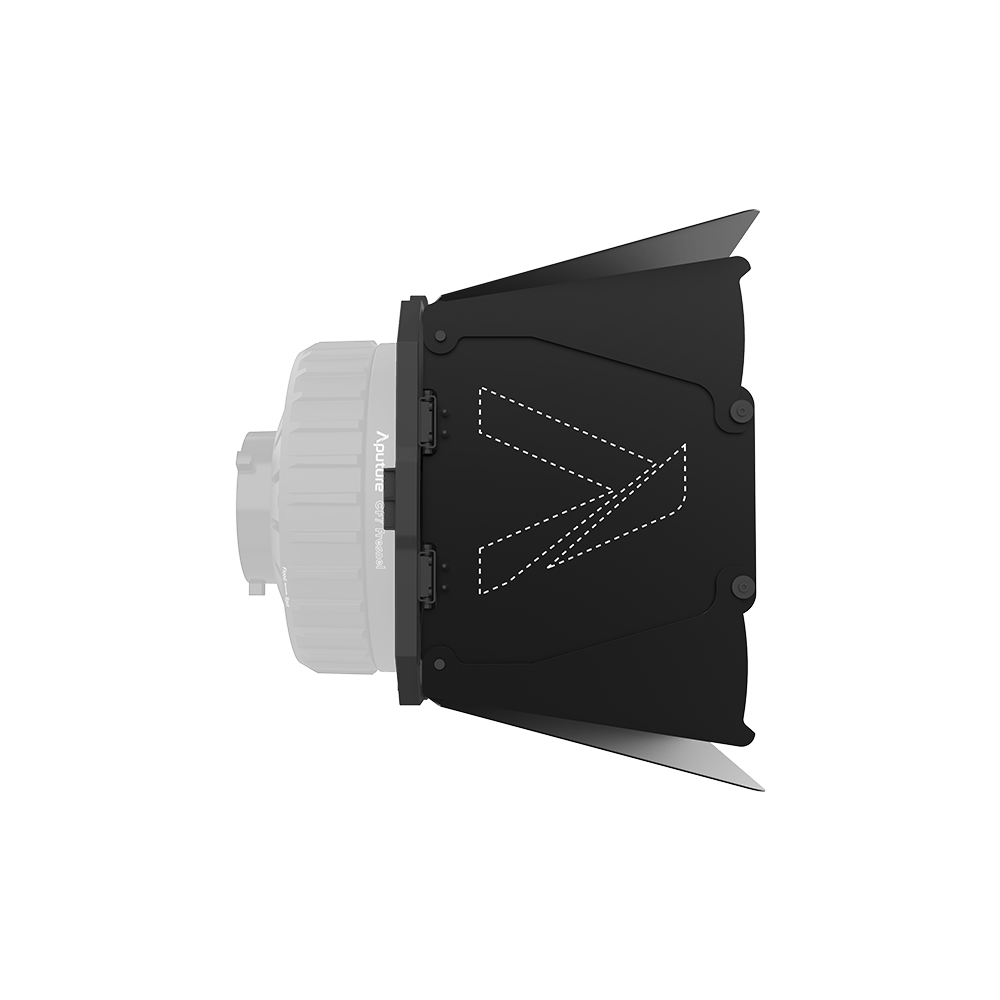 CF7 Fresnel ghosted out with the Barn Doors reinforced for illustration purposes on a transparent background.