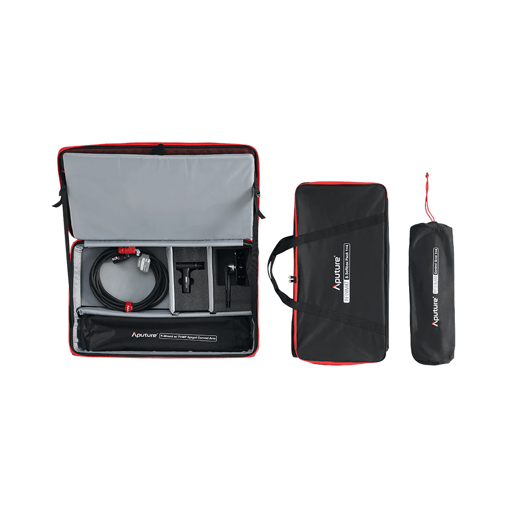 The Aputure 1x4ft INFINIMAT Inflatable LED kit, showing the full kit with all items and accessories, including cases.