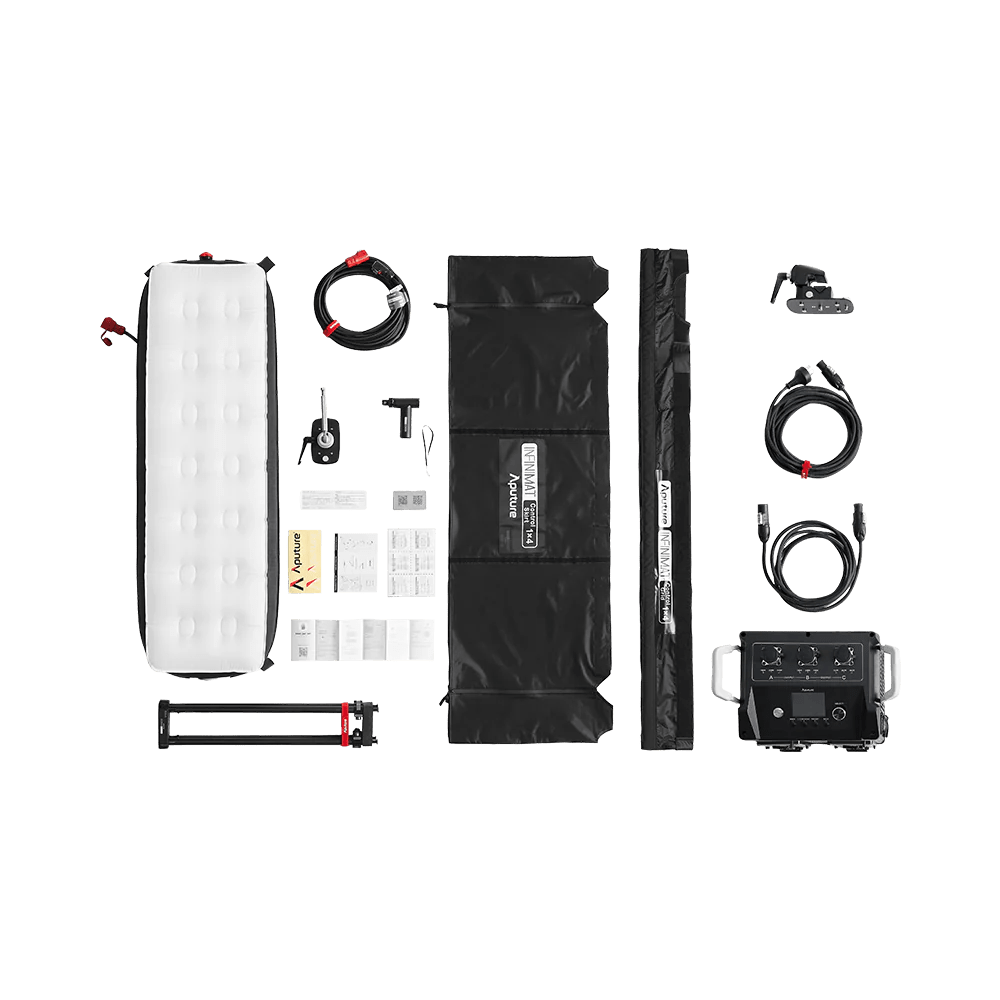 The Aputure 1x4ft Inflatable LED kit, showing the full kit with all items and accessories, flatlay.