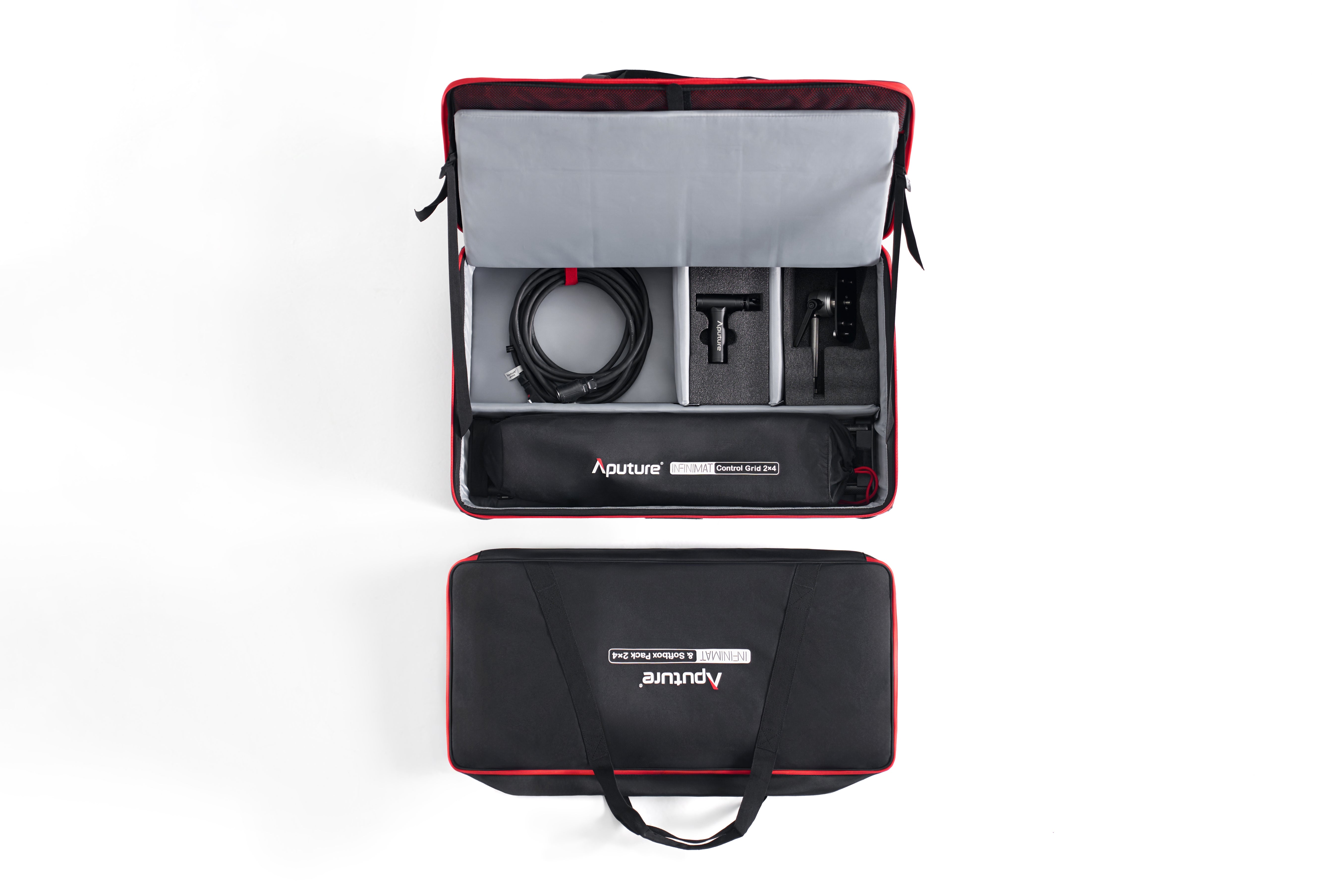 The Aputure 2x4ft INFINIMAT Inflatable LED kit, showing the full kit with all items and accessories, including cases.