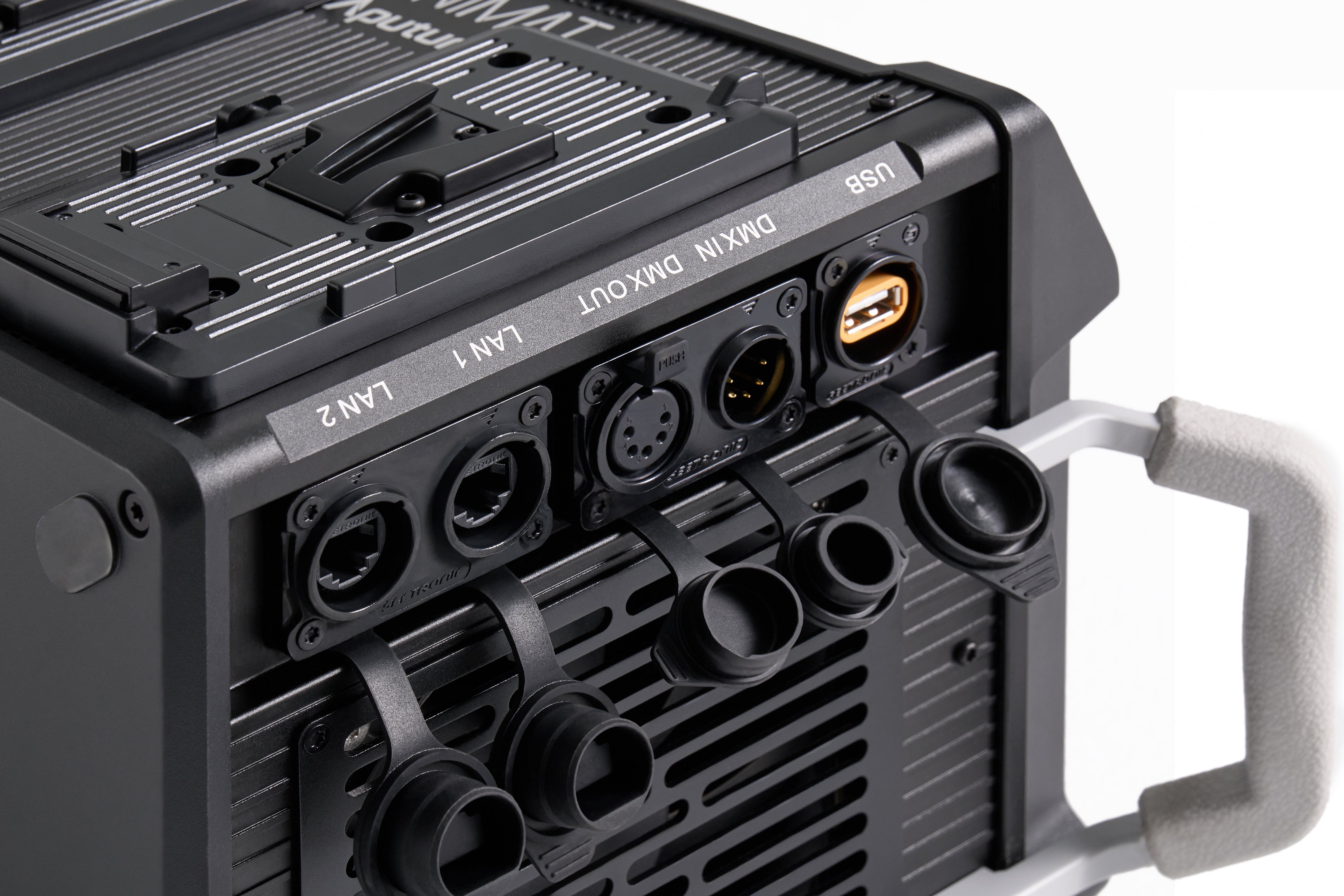 Aputure INFINIMAT 400W Control Box detail shot showing the USB, DMX in and DMX out, plus LAN connection points.