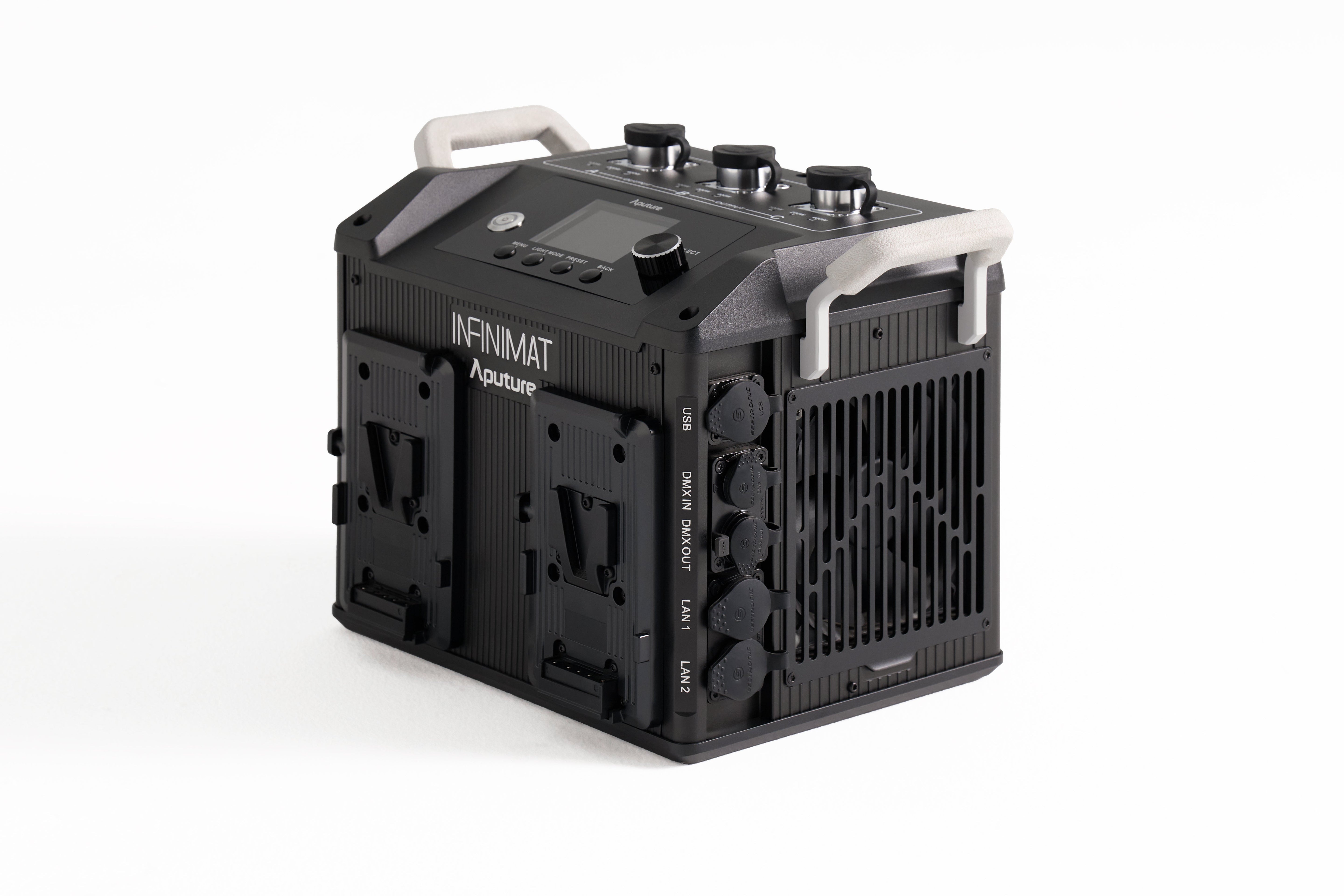 Aputure INFINIMAT 400W Control Box showing the USB, DMX in and DMX out, plus LAN connection points.