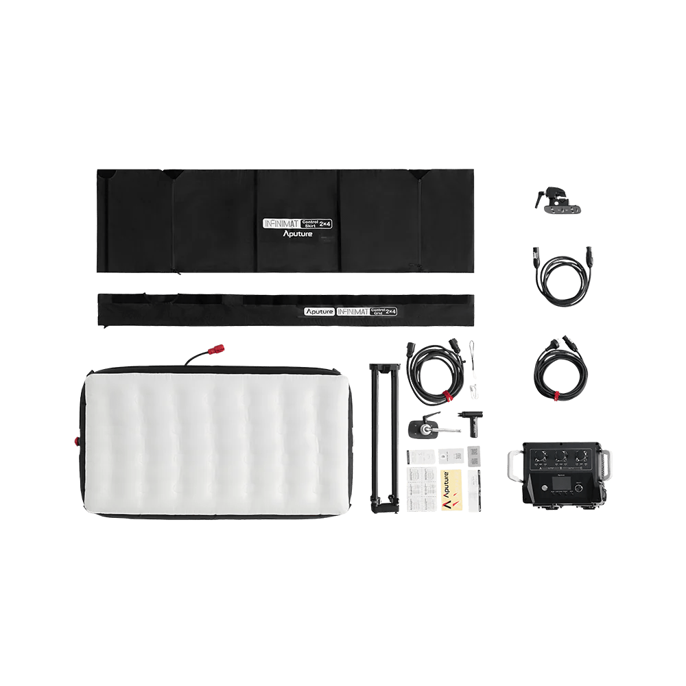 The Aputure 2x4ft Inflatable LED kit, showing the full kit with all items and accessories, flatlay.