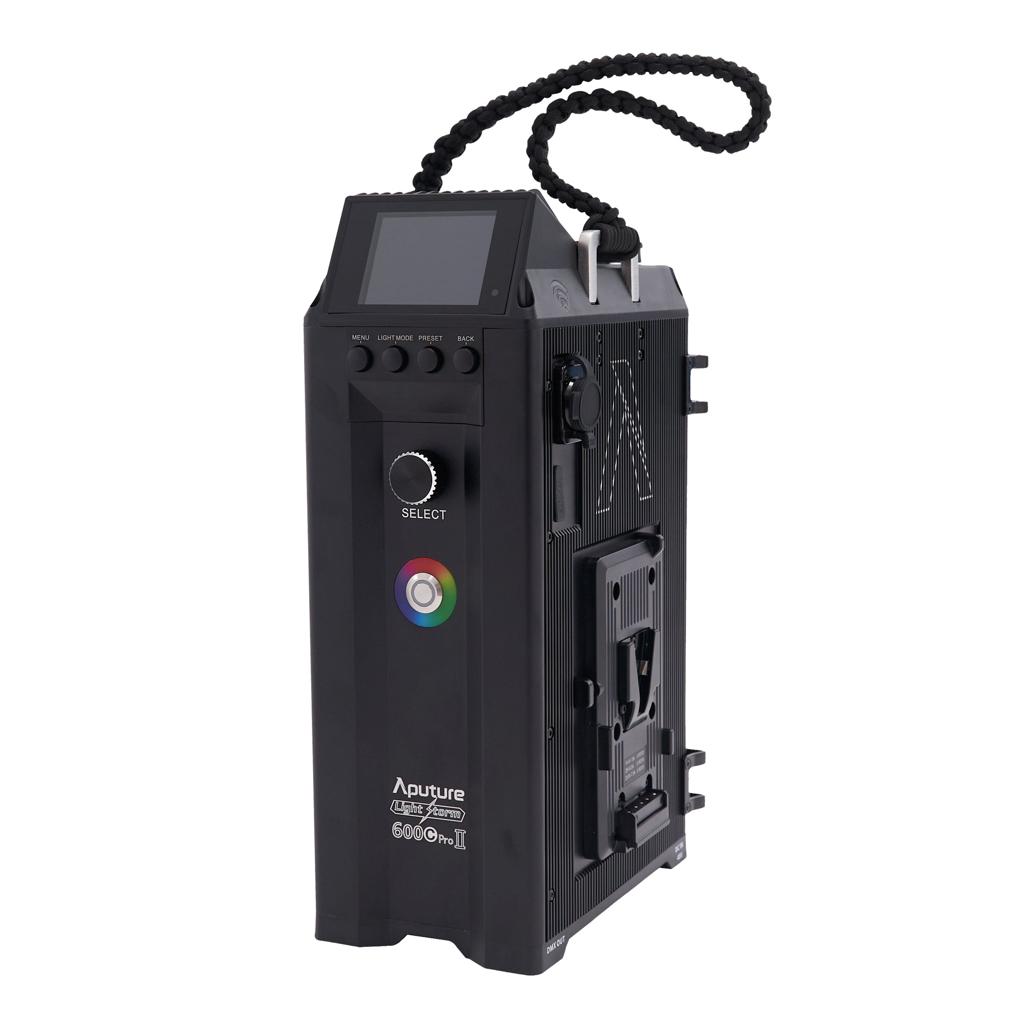 Aputure LS 600c Pro II Power Ballast, showing that it accepted V-Lock batteries.