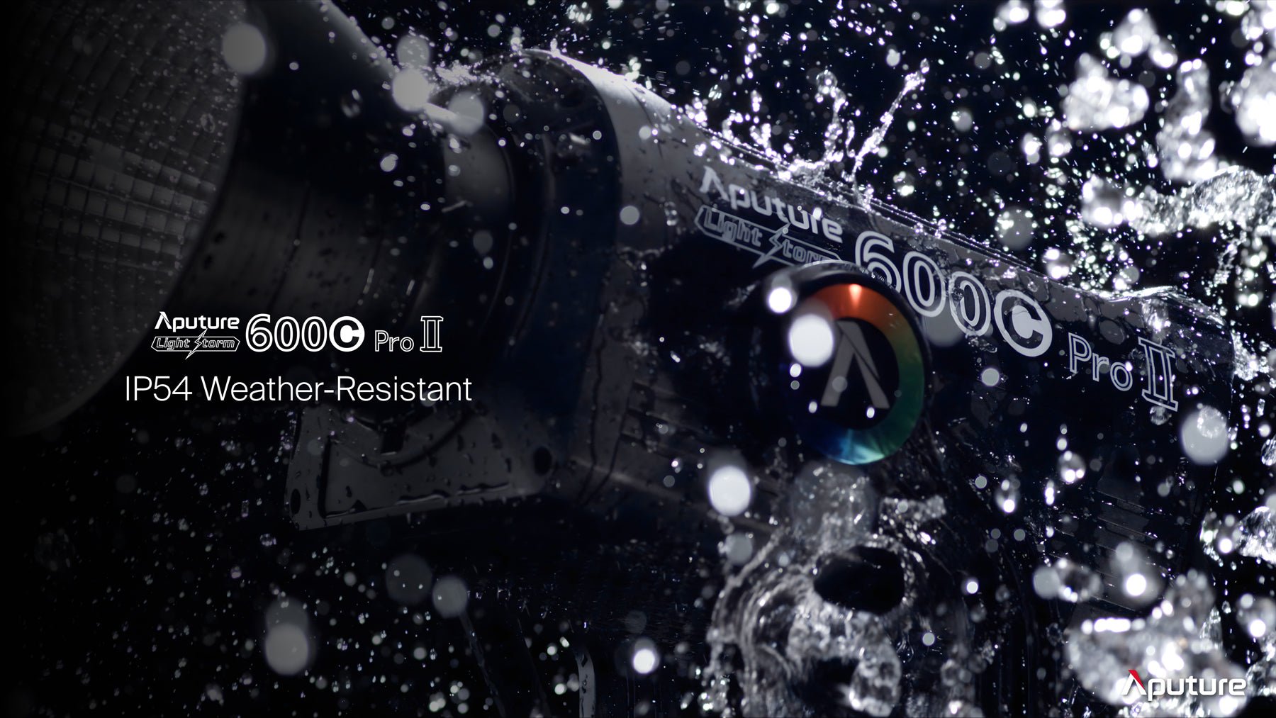 Aputure Light Storm LS 600c Pro II captured being blasted by water, showing that it is IP54 Weather-Resistant.
