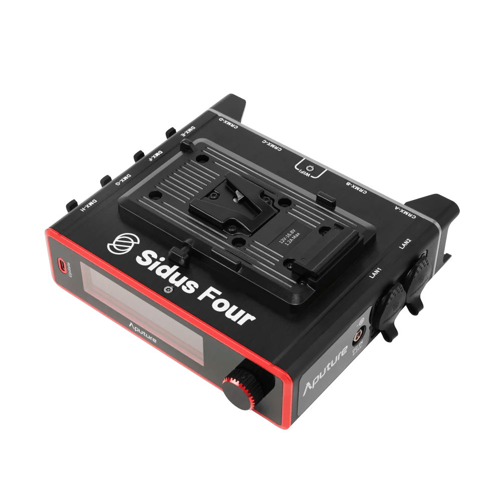 Aputure Sidus Four showing the top plate and the V-Lock mount.