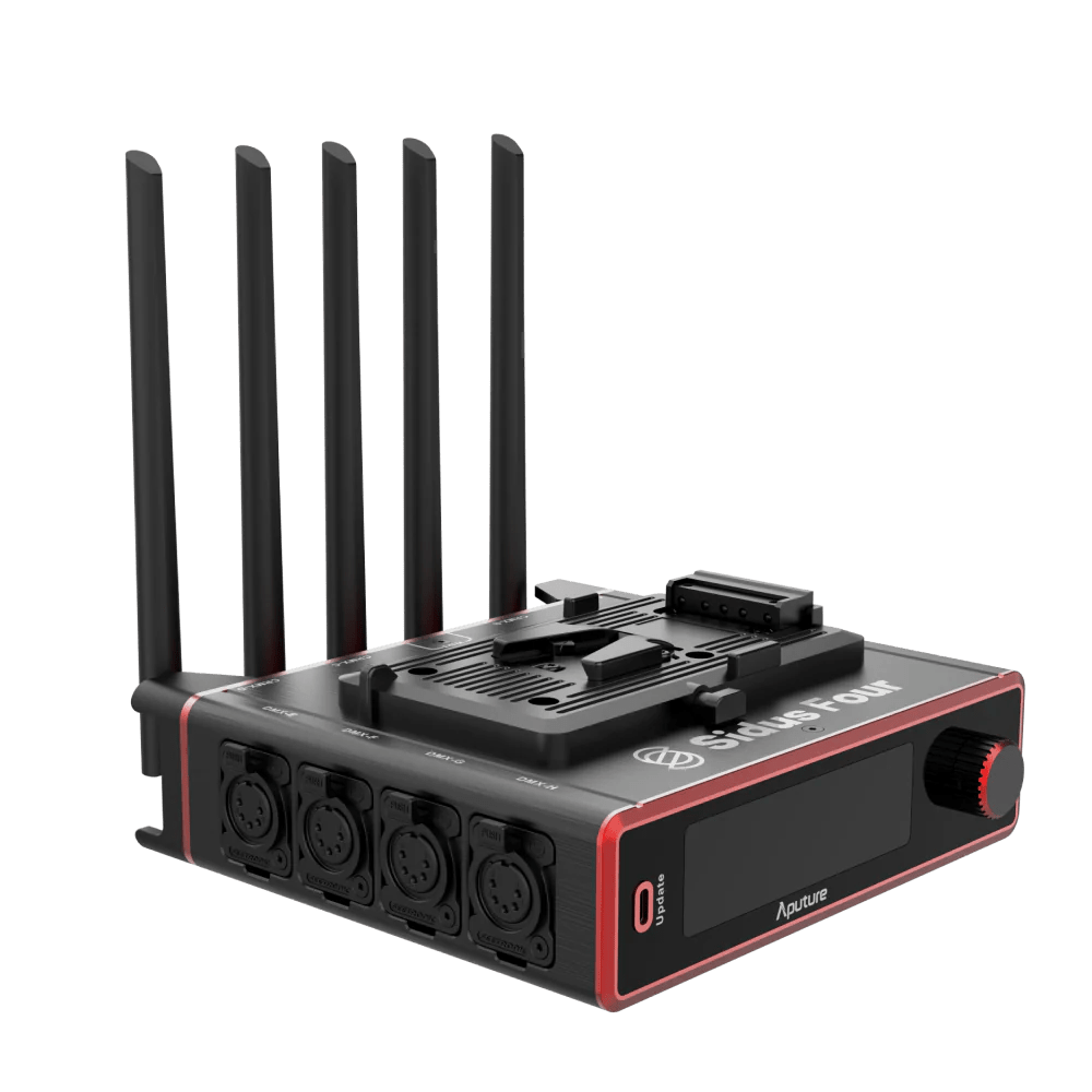 Aputure Sidus Four four Universe CRMF Transmitter with antenna and V-lock battery plate.