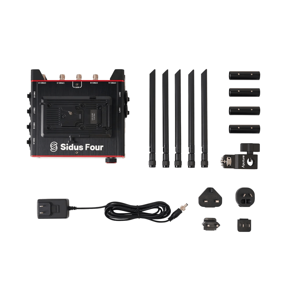 Aputure lay flat showing all items with the exception of the supplied kit case. Sidus Four, four antenna, power supply and all mains adapters and stand mount.