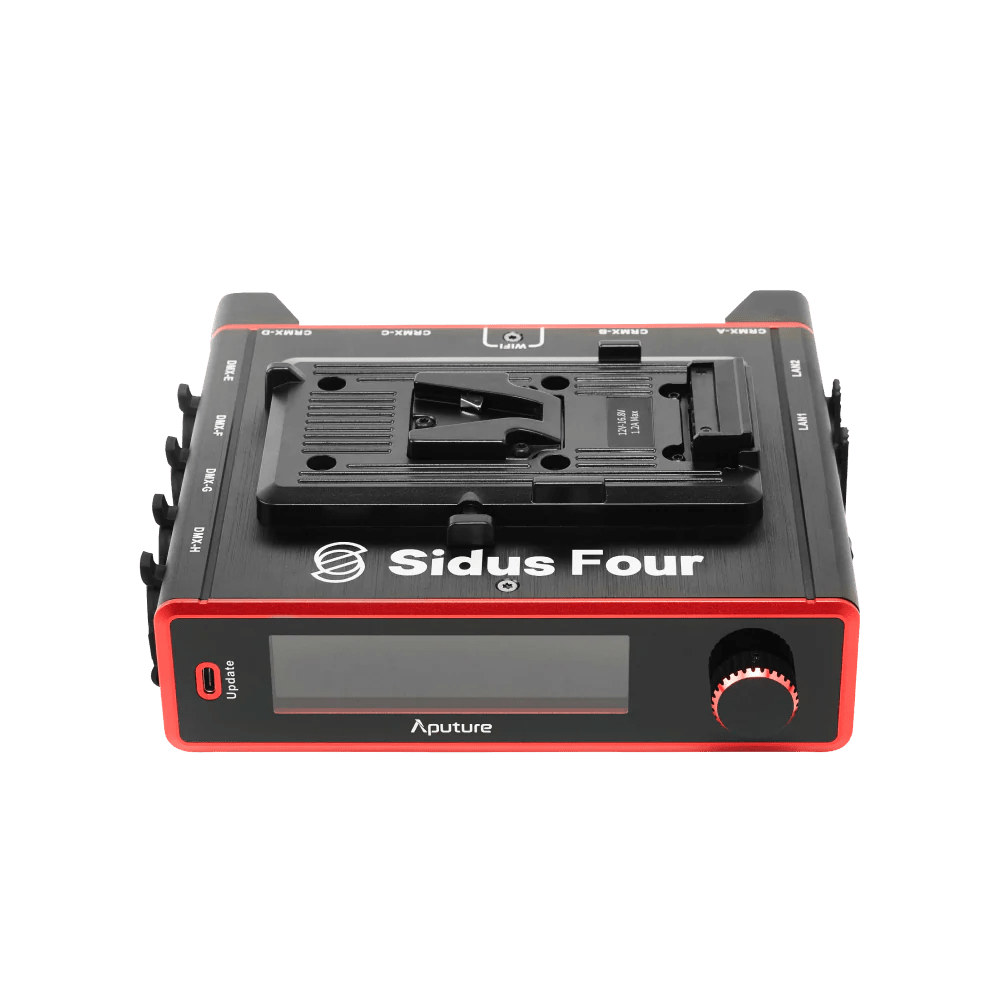 Aputure Sidus Four, front view showing the top plate and the V-Lock mount.