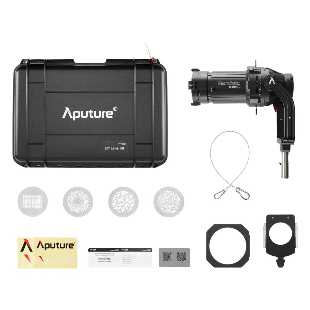 Aputure Spotlight Mount II 26 degree lens kit shown with all components.
