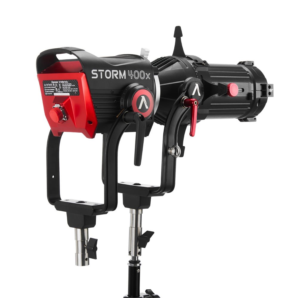 Rear 3/4 view of the Aputure Spotlight Mount II 36° Kit connected to a STORM 400x.