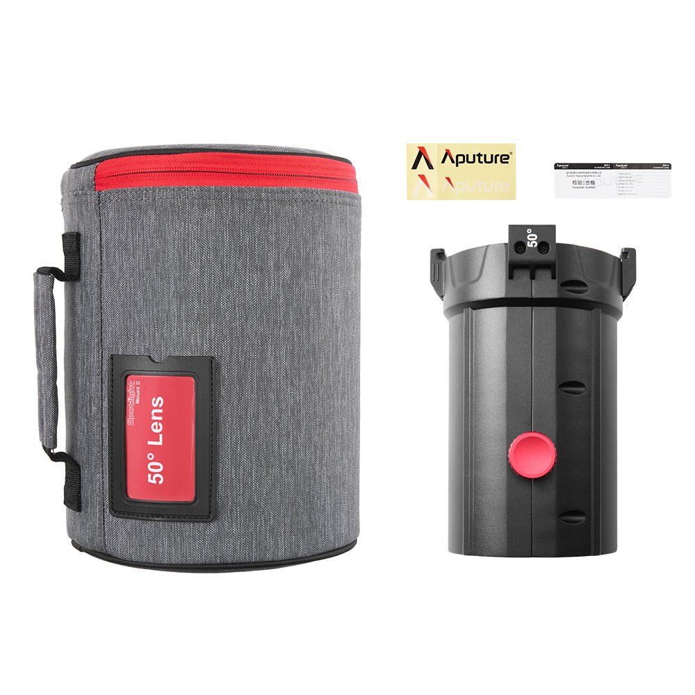 All items shown included when a Aputure Spotlight Mount II 50° Lens is purchased.