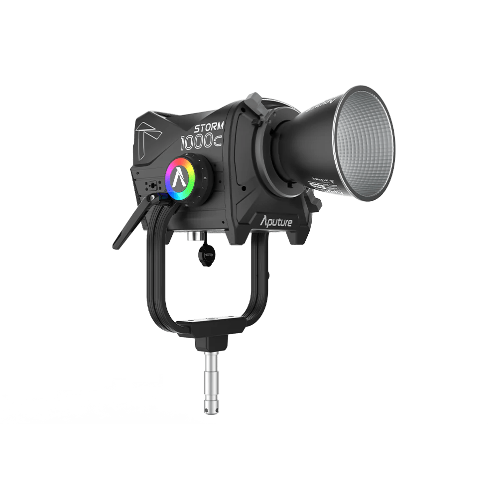 Aputure STORM 1000c with Standard Reflkector fitted. On a transparent background.