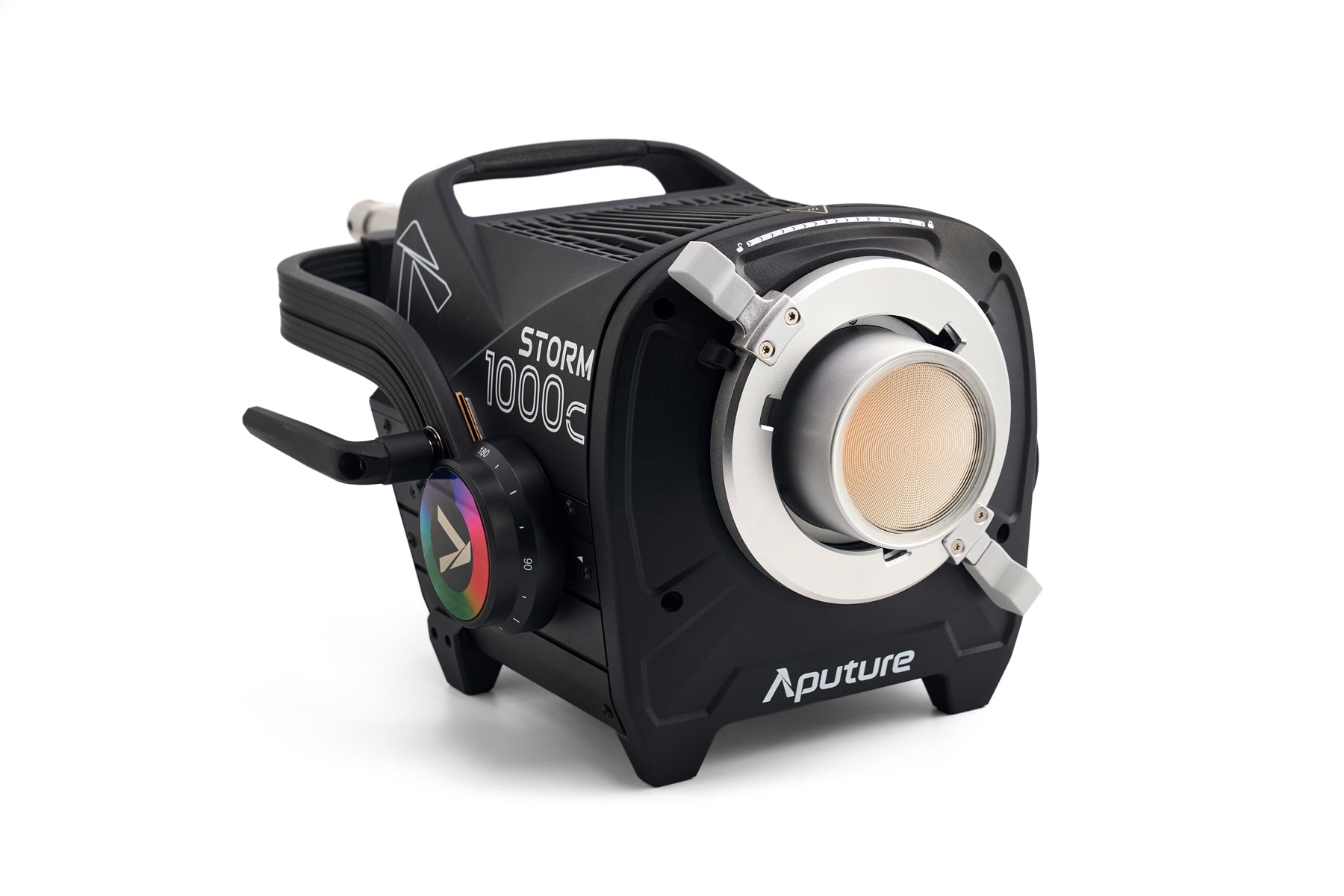 Aputure STORM 1000c showing the Prolock Mount, on. a white background with a natural shadow.