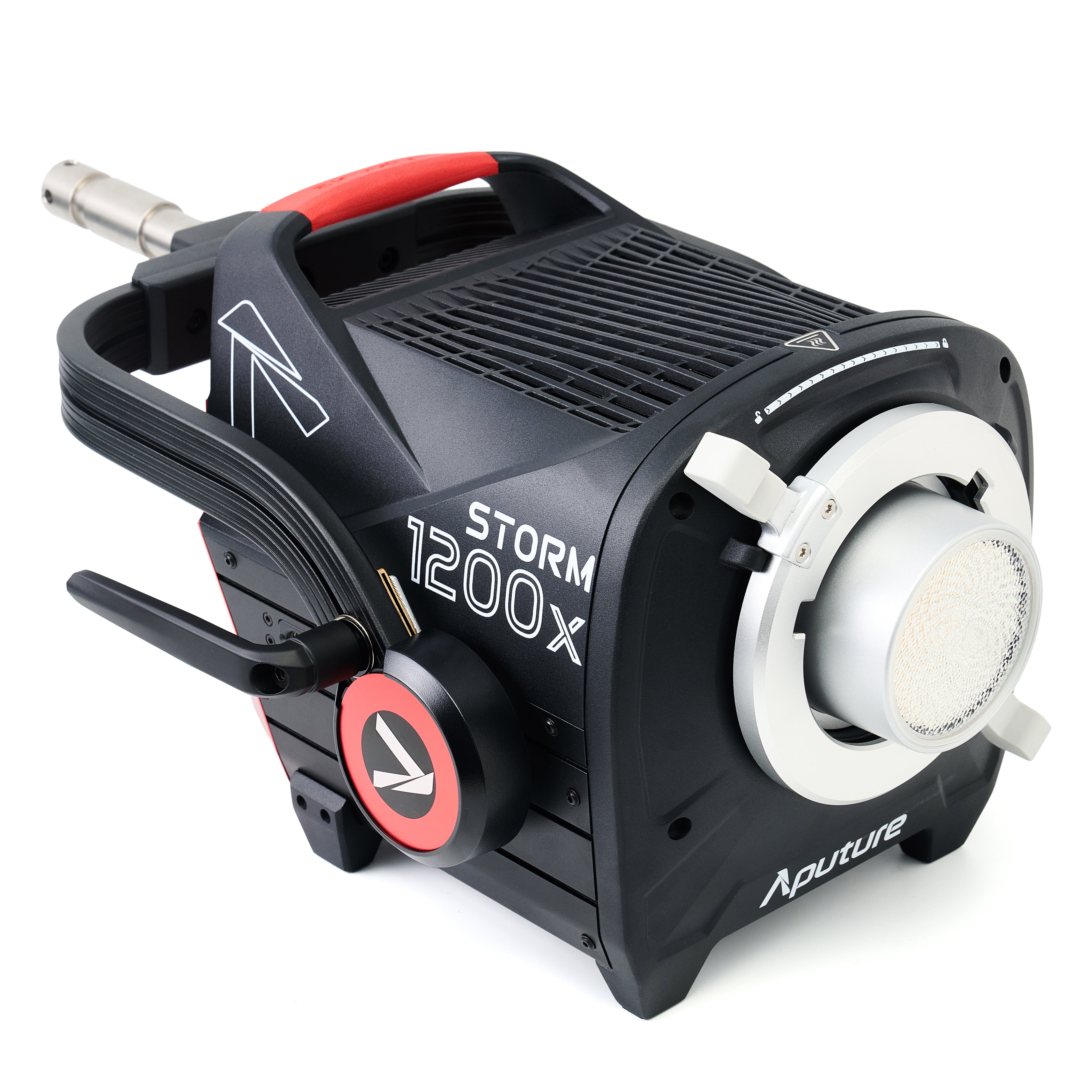 Aputure Storm 1200X Bi-Colour Fixture with BLAIR, top front view without the protective cap in place.