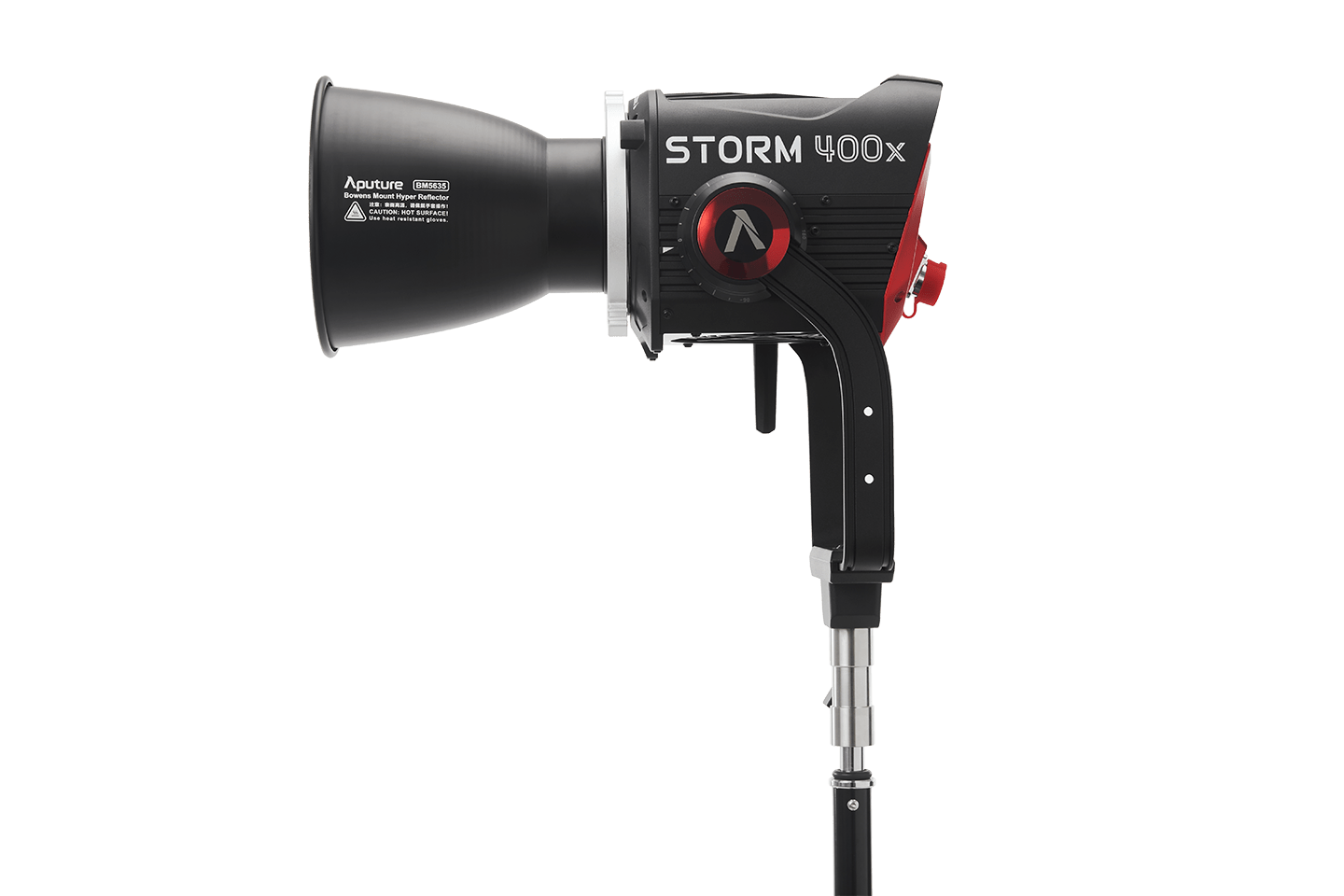 Side view of the Aputure Storm 400x (UK) with a Bowens Mount Hyper Reflector attached.