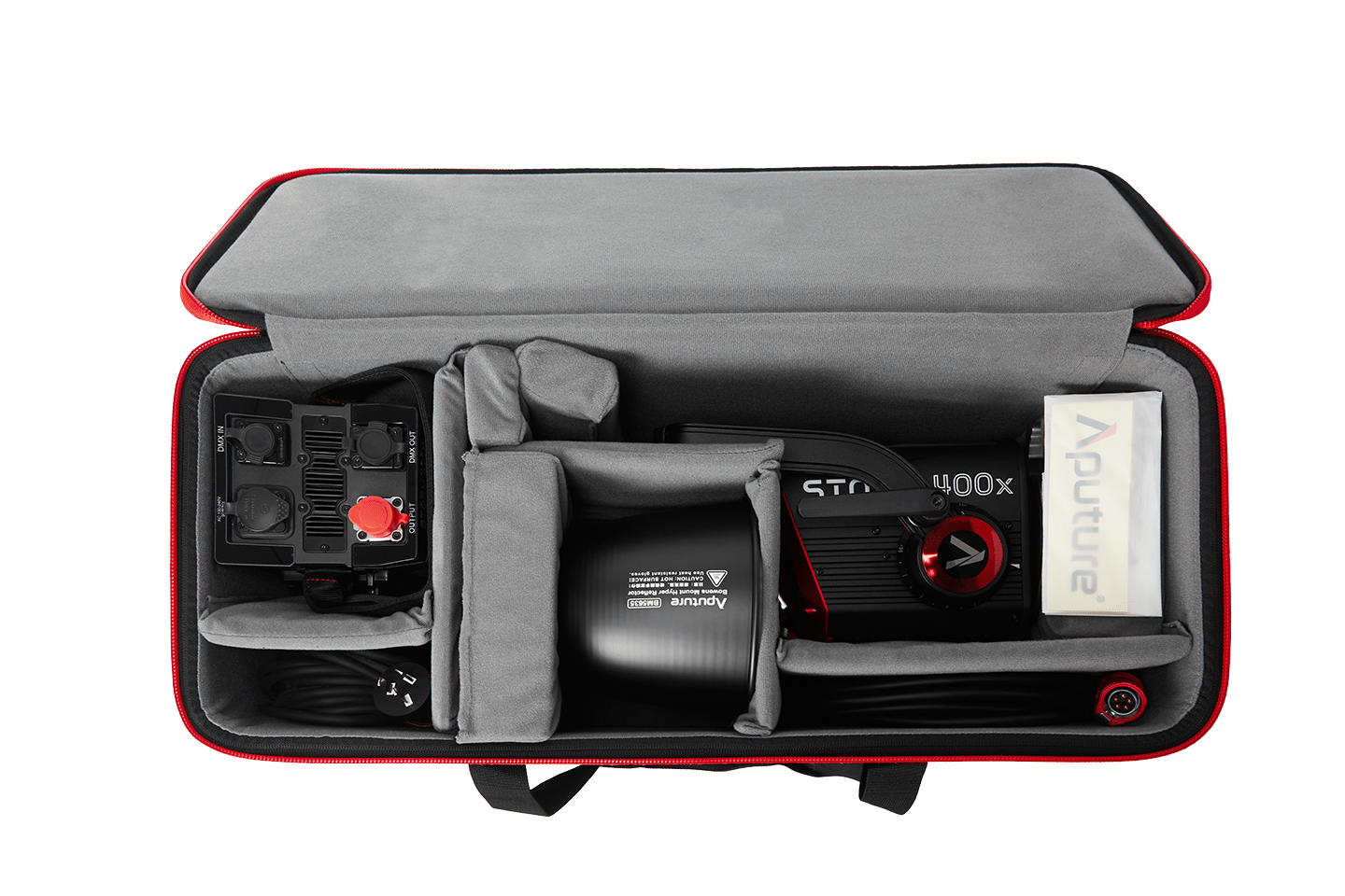 Aputure Storm 400x (UK) with all components stored in its protective carry case.