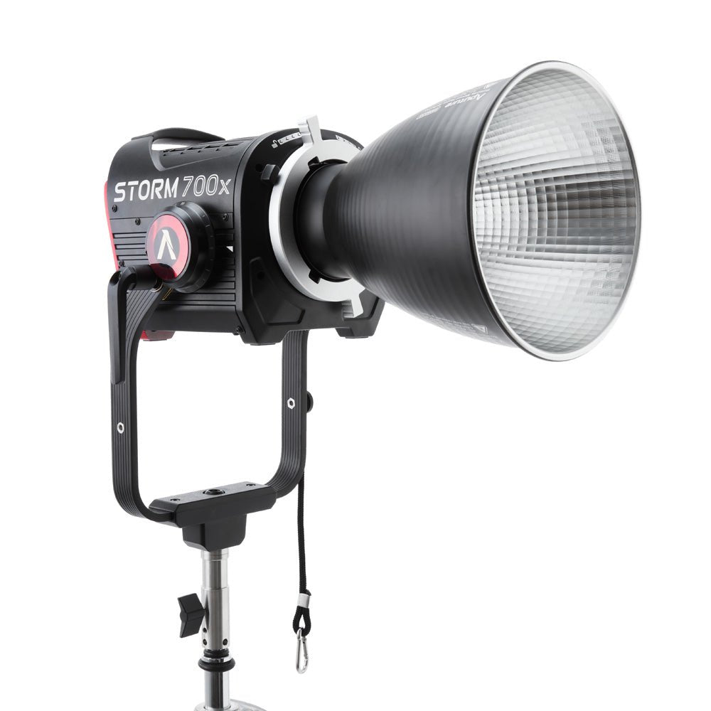 Aputure Storm 700x with a reflector on a white background.