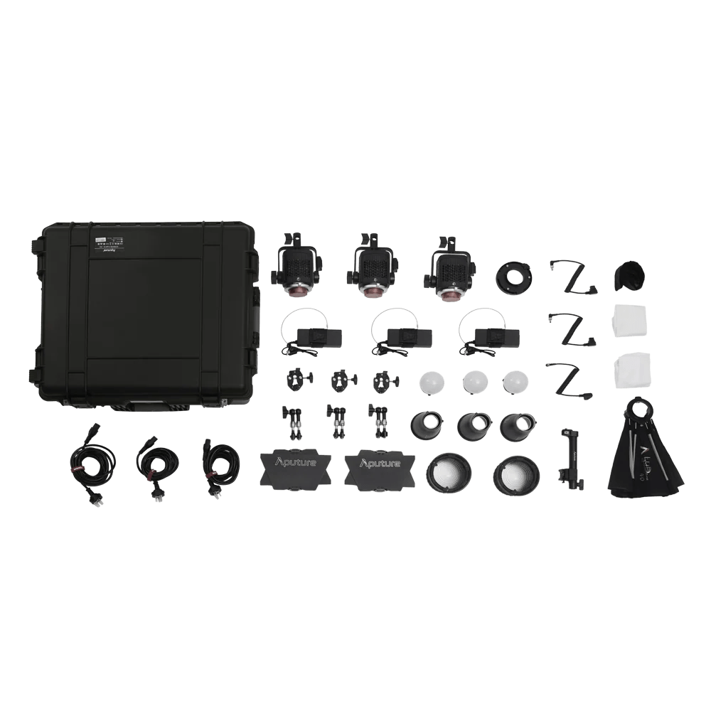 Collection of Aputure Storm 80c lights and accessories from the Aputure Storm 80c three head kit on a white background.