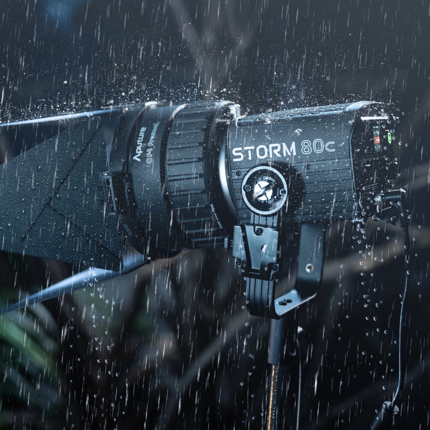 Aputure 80c Storm light in the jungle scene, with it being rained on.
