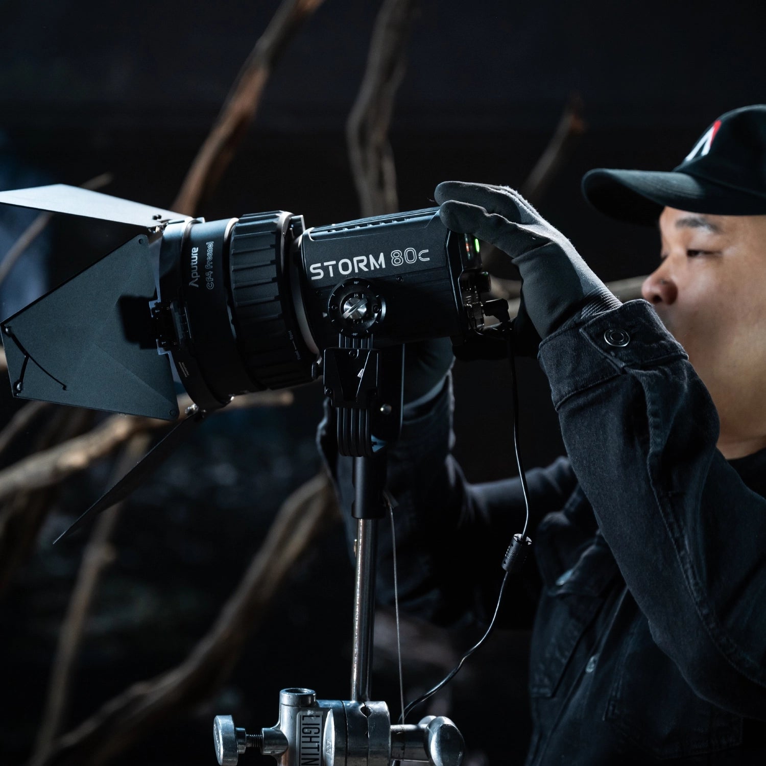 Aputure Storm 80c set up on location supposedly at night.