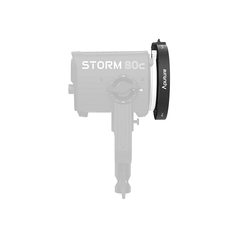 Aputure Mini ProLock to full size Bowens S- Mount adapter, shown on the STORM 80c. Side view.