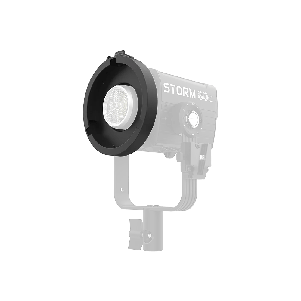 Aputure STORM 80c Bowens Mount Adapter with STORM 80c ghosted out for illustration purposes.