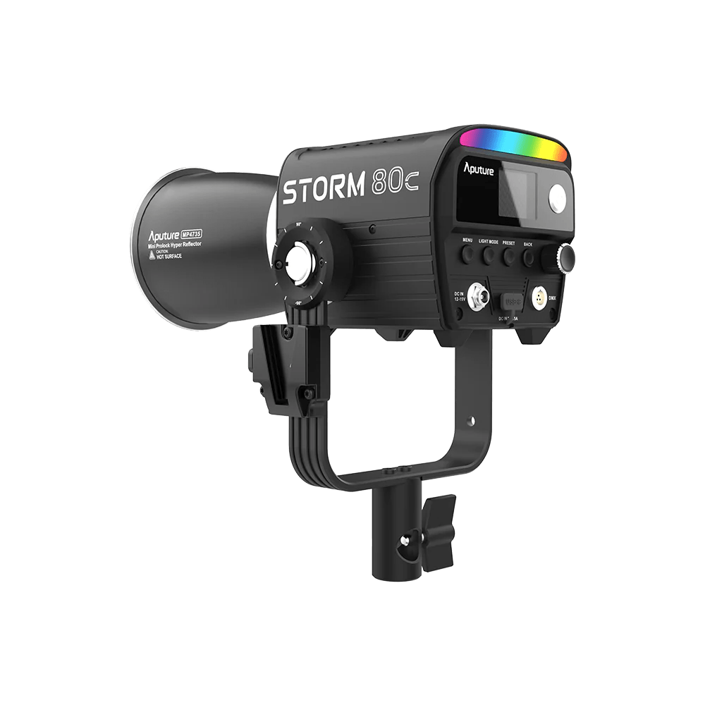 Aputure Storm 80c with hyper reflector, showing the rear of the fixture.