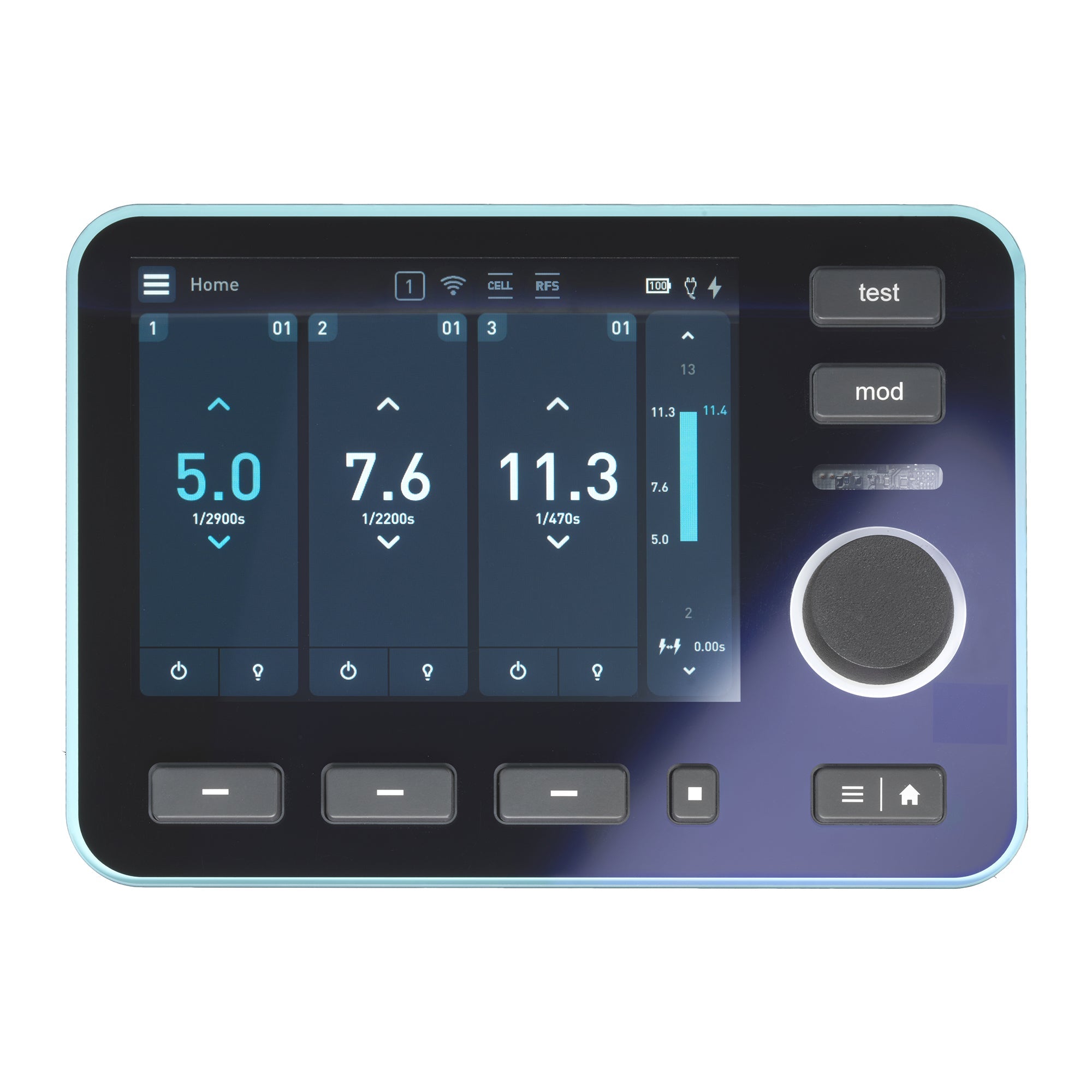 Front view of Broncolor Satos 3200J screen and button controls.
